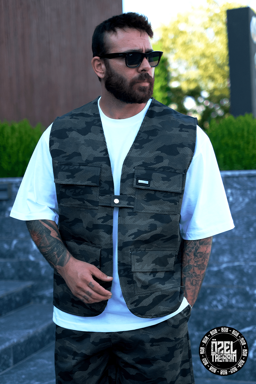 808 Shadow Camo Street Desen Tek Düğme Oversize Yelek