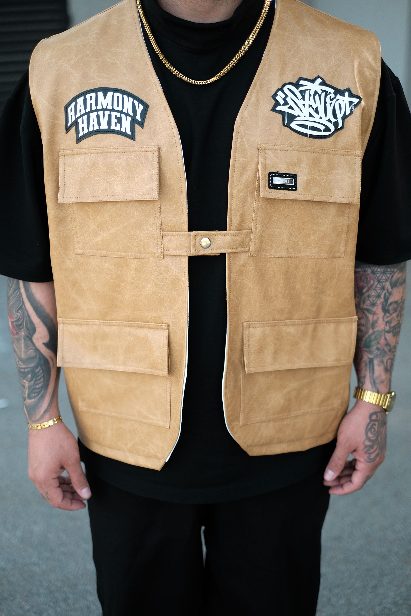 808 Oversize Tek Düğme '' Harmony '' Deri Patch Yelek