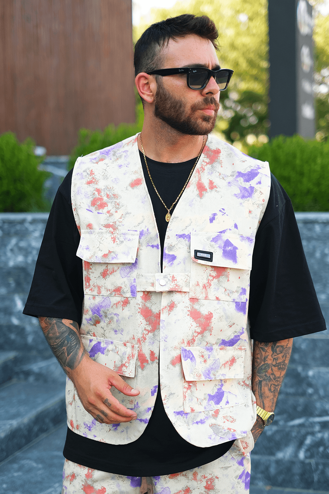808 Art Chaos Desen Tek Düğme Oversize Yelek