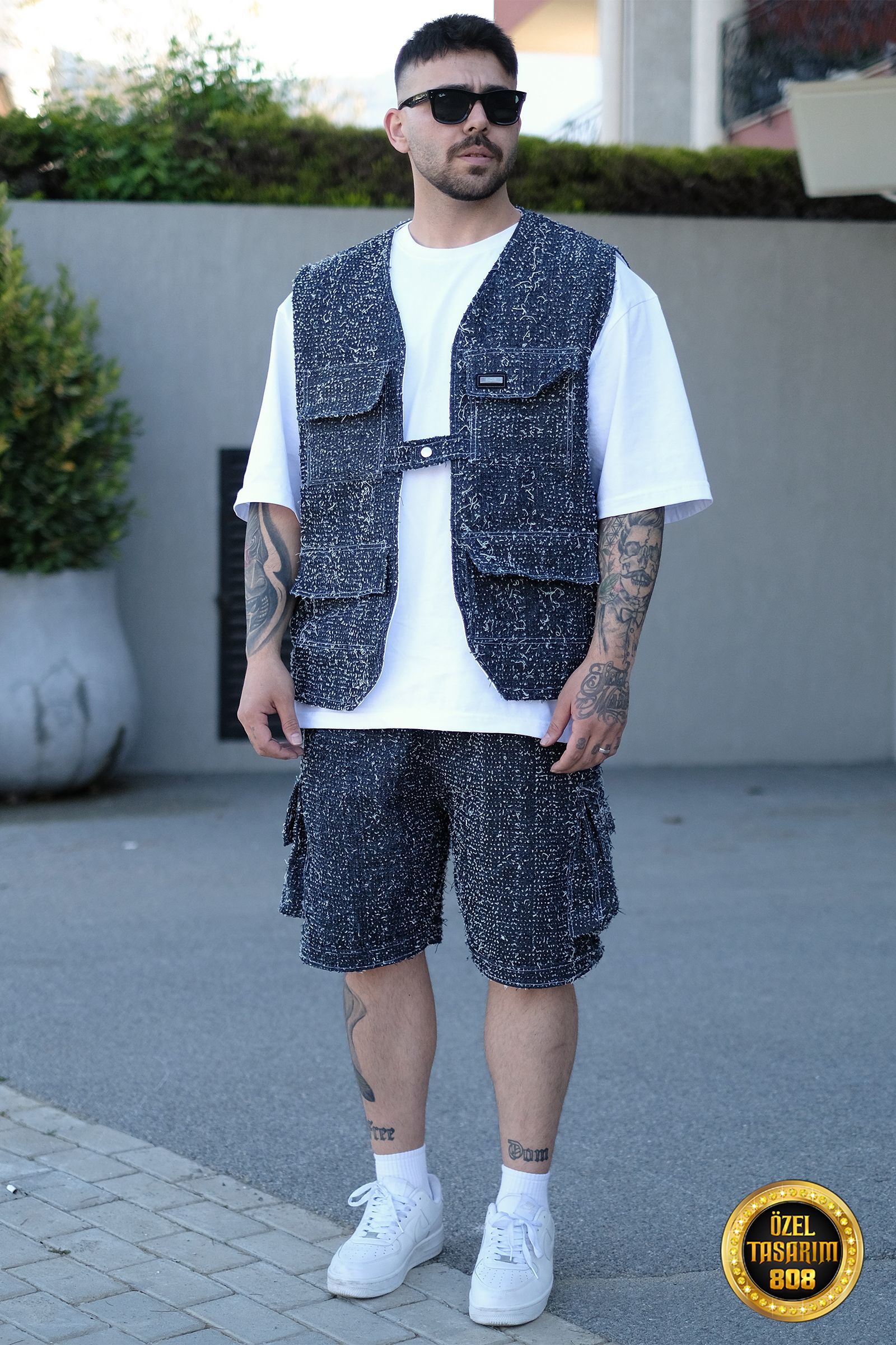 808 Saçaklı Tek Düğme Oversize Kot Takım (Yelek + Şort)