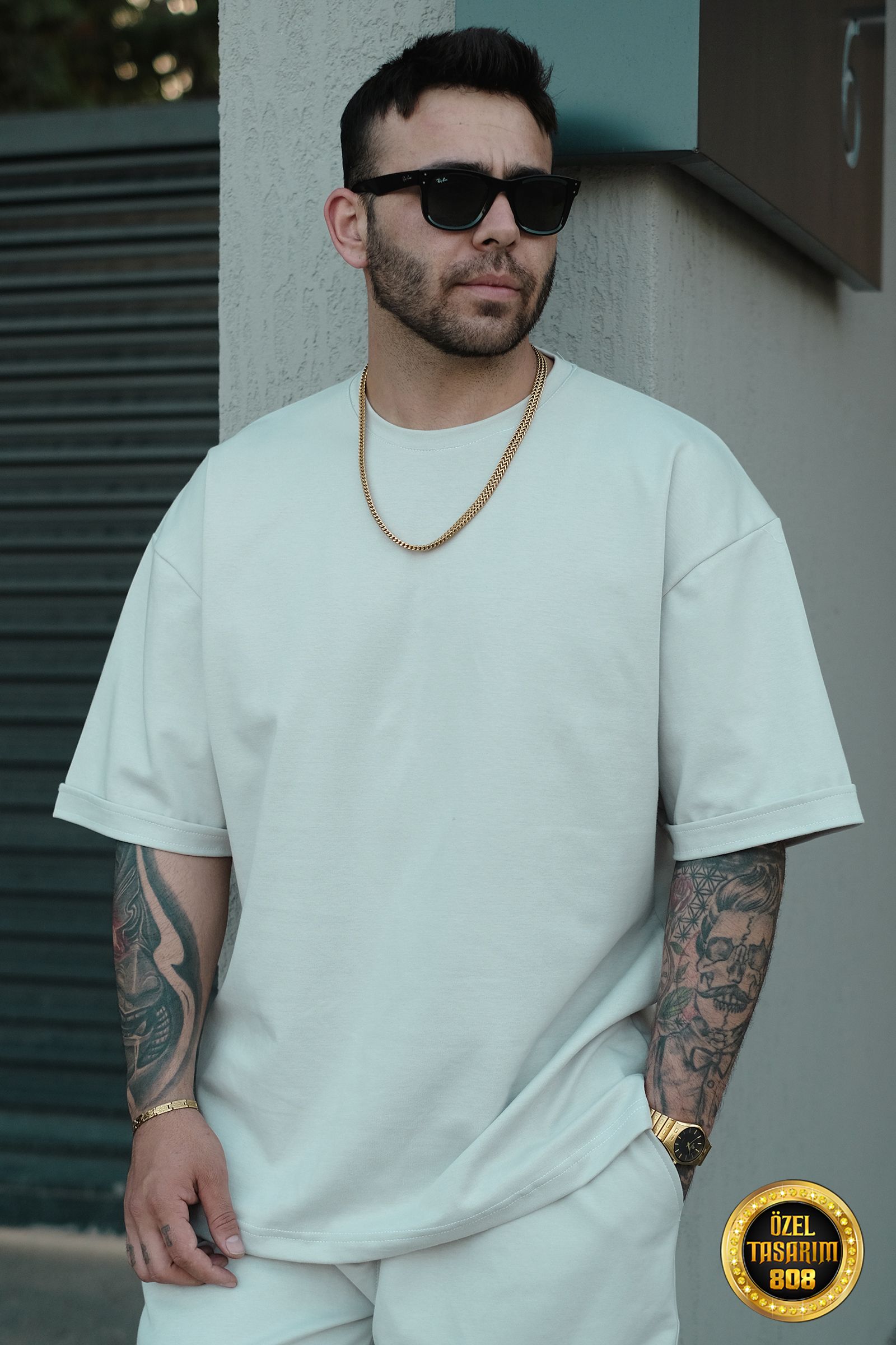 808 Basic Oversize Tok Tişört - Açık Gri