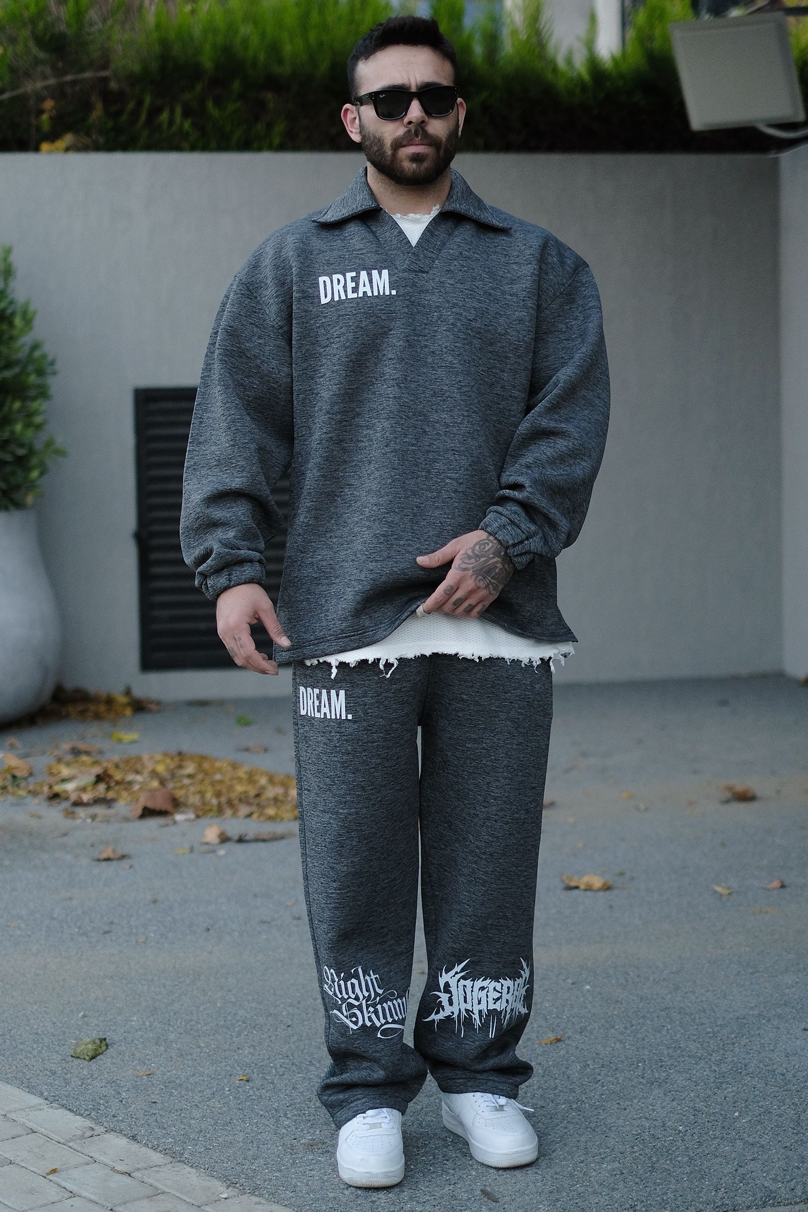 808 Dream Baskılı Özel Tasarım Yakalı Oversize Sweatshirt - Gri