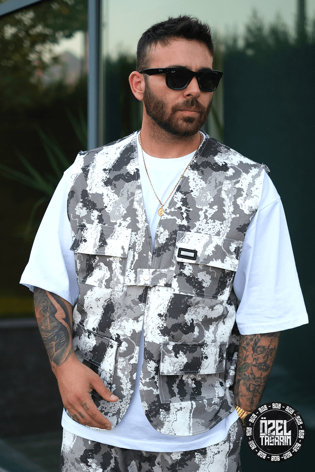 808 Monokrom Kamuflaj Desen Oversize Takım ( Yelek + Şort )