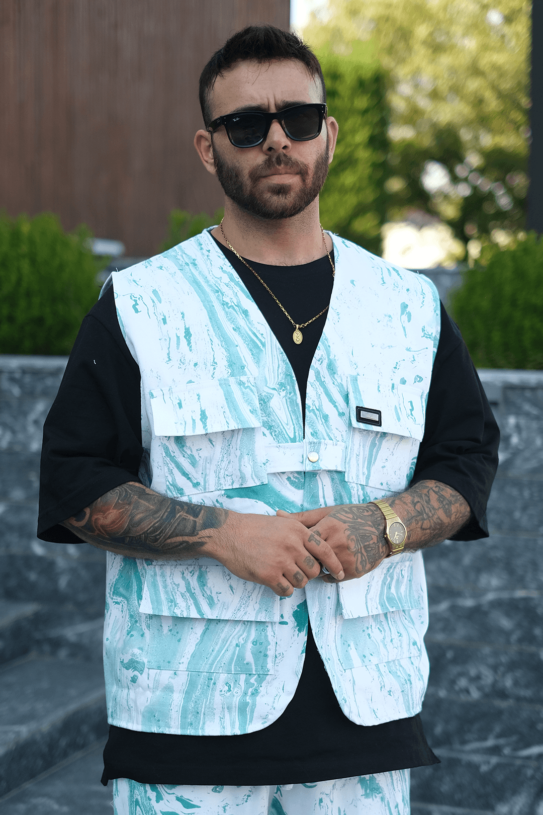 808 Batik Desen Oversize Tek Düğme Kot Yelek