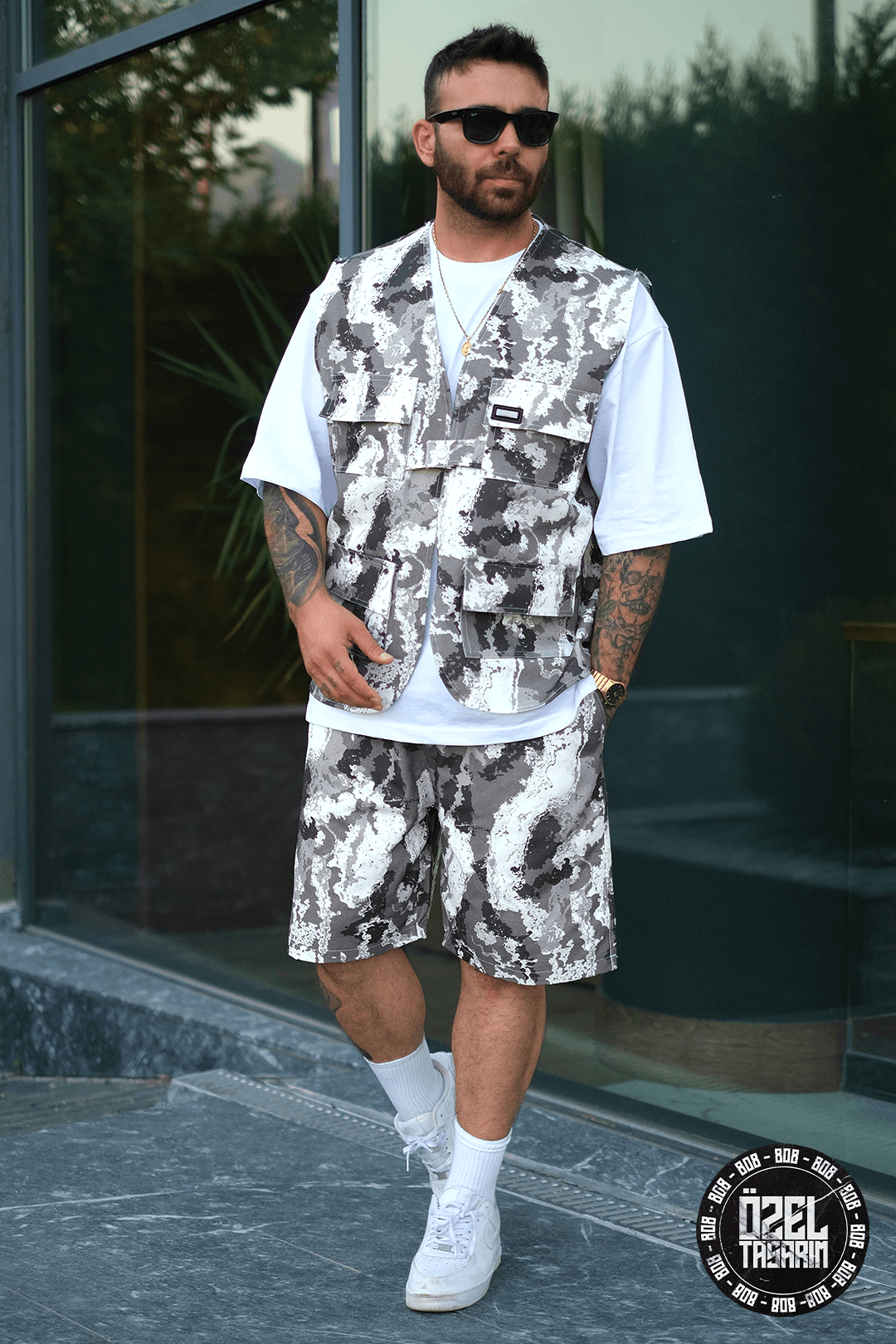 808 Monokrom Kamuflaj Desen Oversize Takım ( Yelek + Şort )