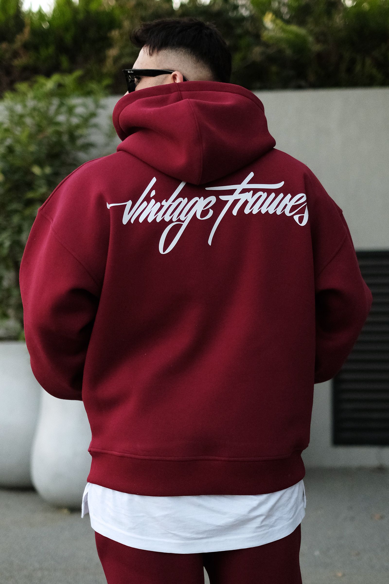808 Vintage Frames Baskılı Özel Tasarım Oversize Hoodie - Bordo
