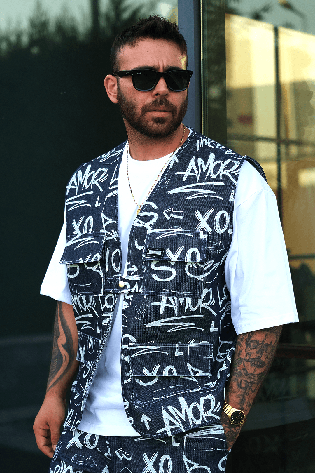 808 XO Street Desen Tek Düğme Oversize Yelek