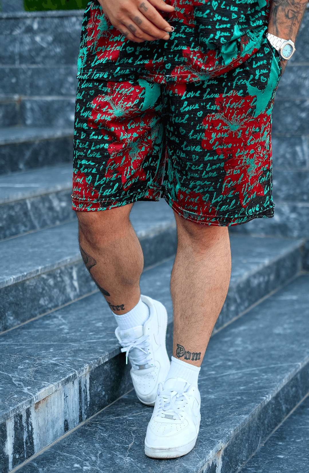 808 Yazı Desen Dökümlü V Yaka Oversize Takım ( Gömlek + Şort )