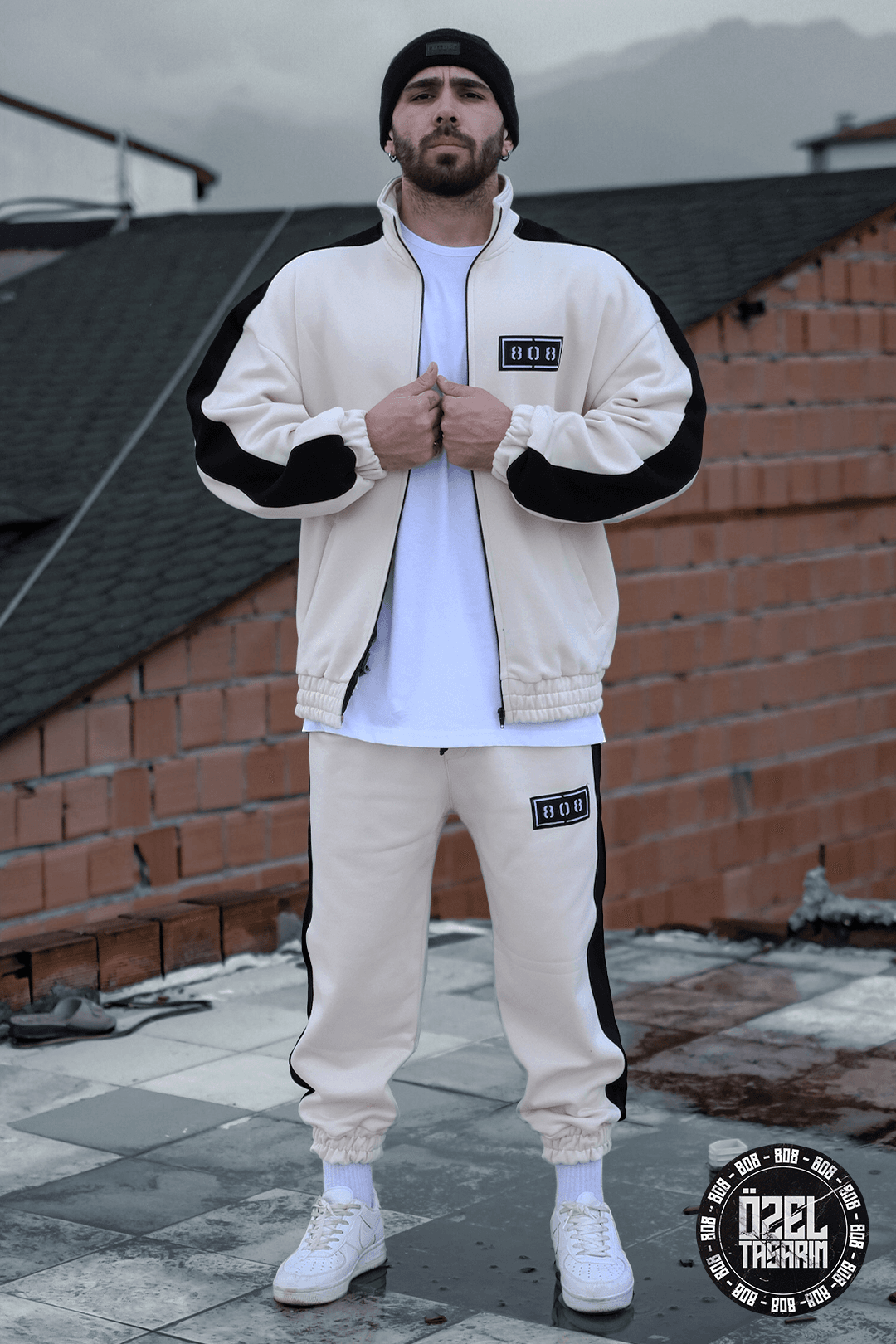 808 Şerit Kontrast Oversize Takım (Ceket + Jogger ) - Ekru