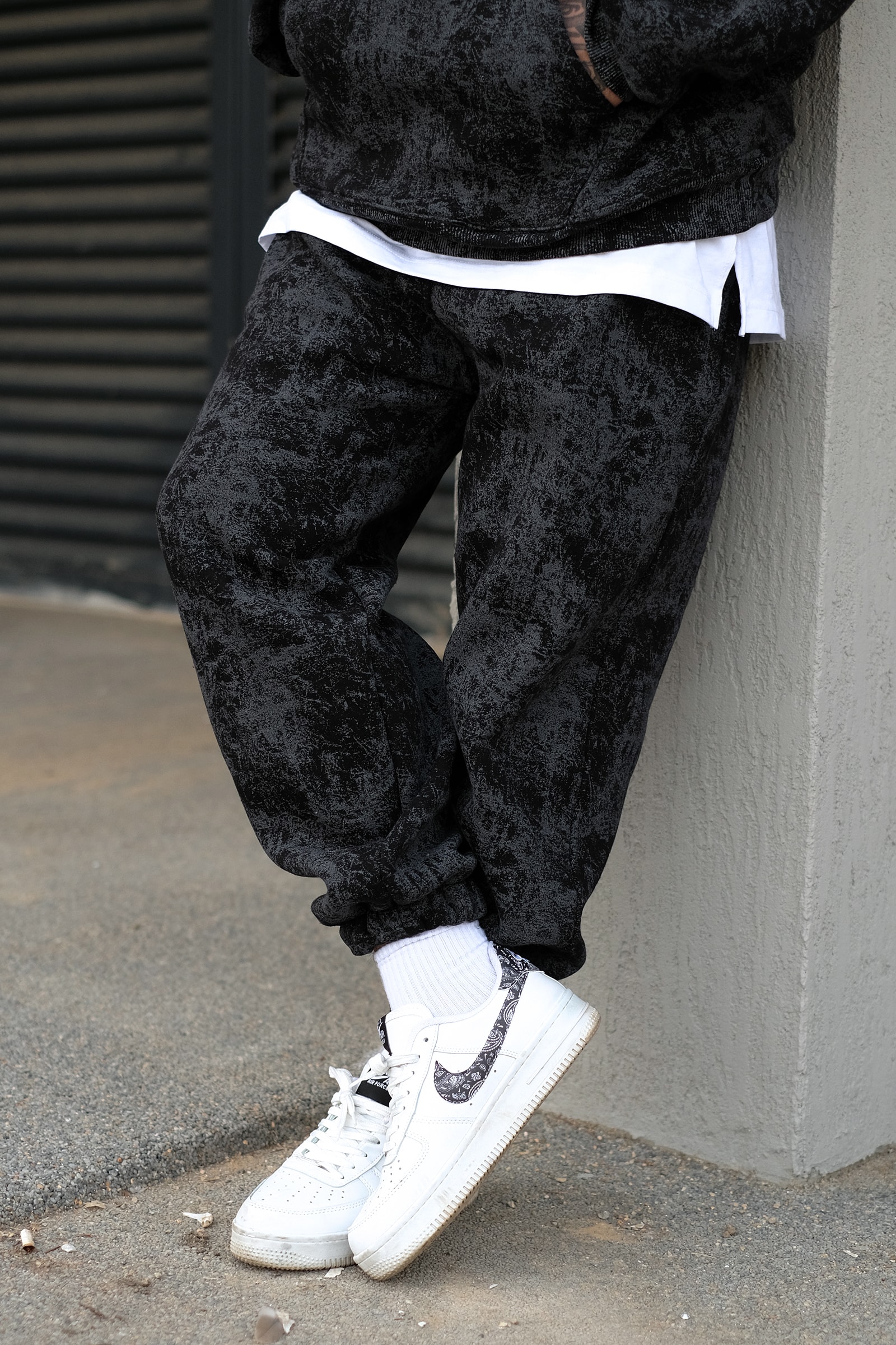 808 Eskitme Efekt Oversize Puff Jogger Eşofman Altı - Siyah