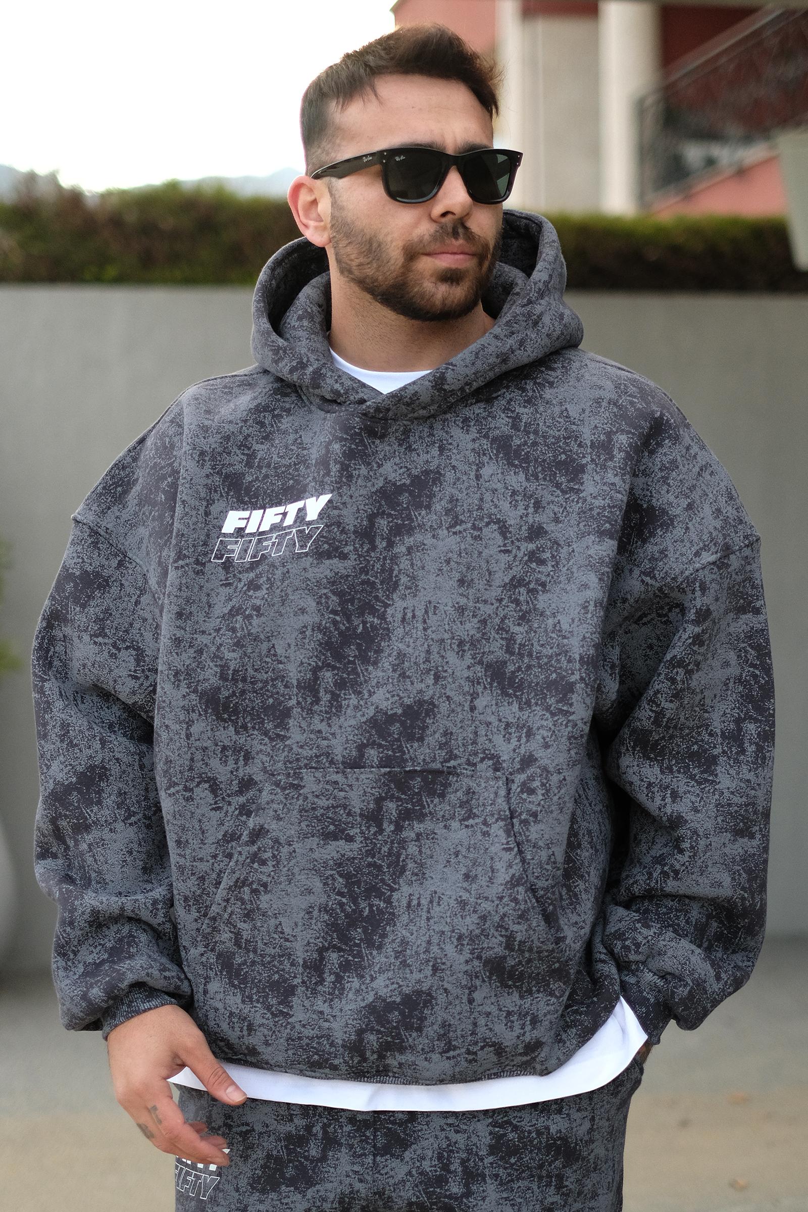 808 Fifty Baskılı Özel Tasarım Eskitme Efektli Puff Hoodie