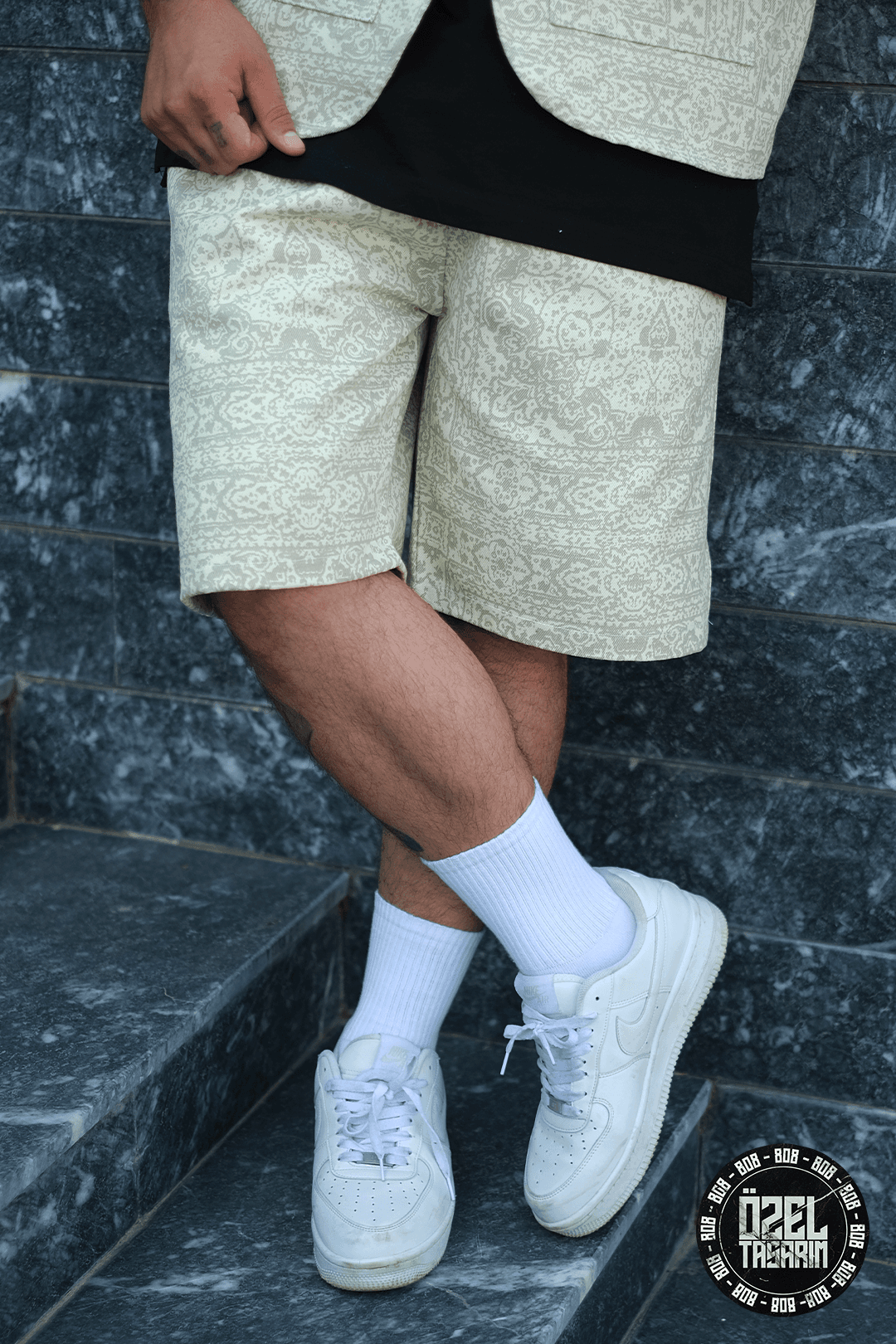 808 Fildişi Mozaik Desen Oversize Şort