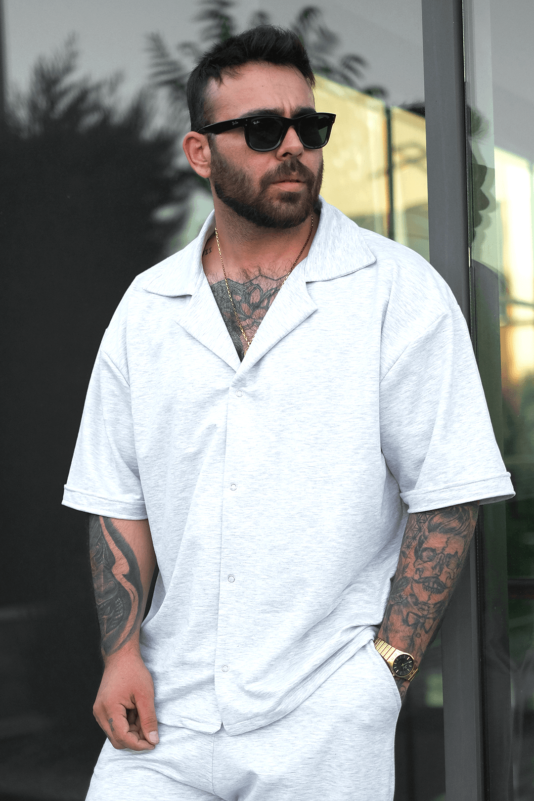 808 Basic V Yaka Oversize Tok Gömlek - Açık Gri Melanj
