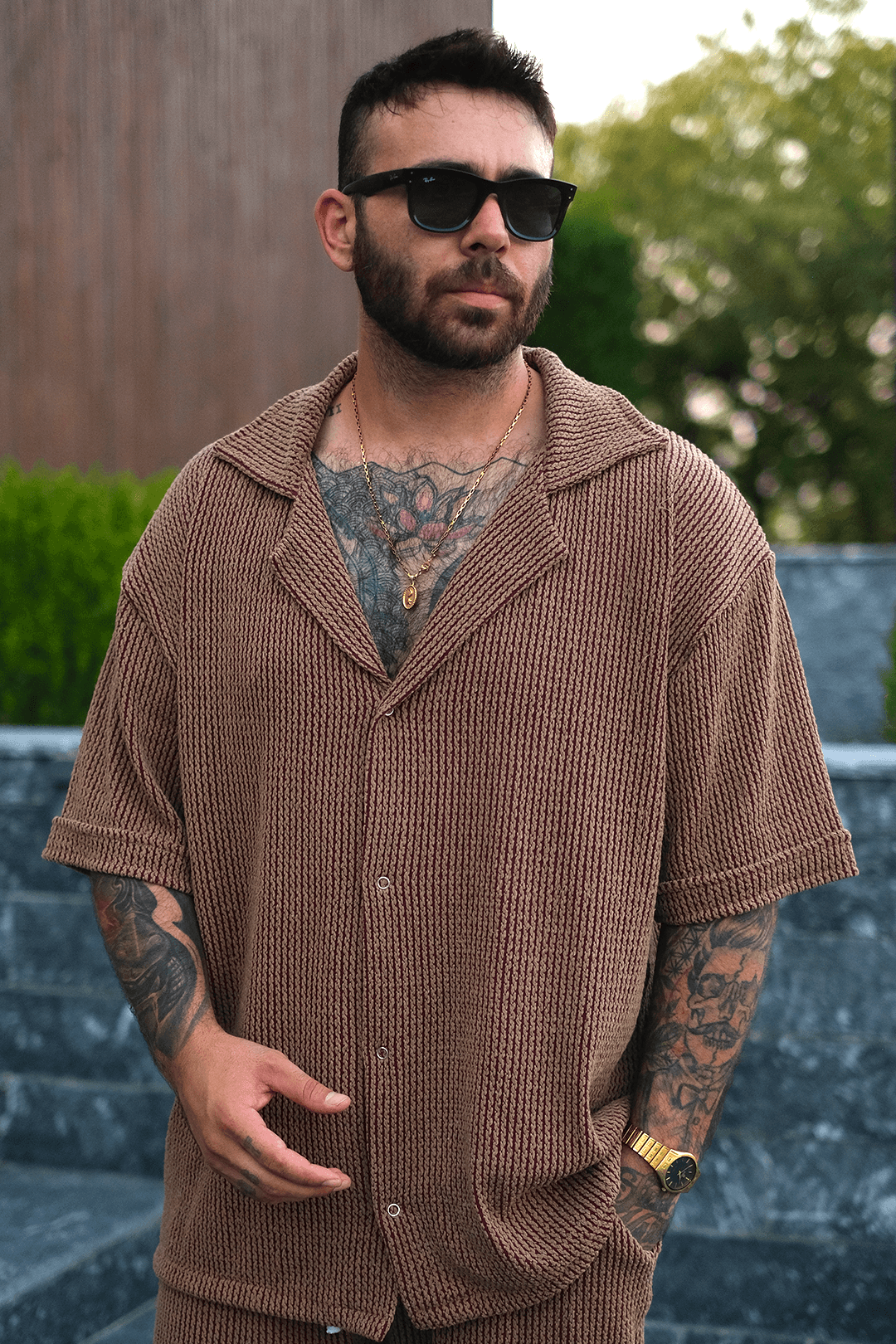808 Kahverengi Taş Örgü Tek Düğme Oversize Yelek