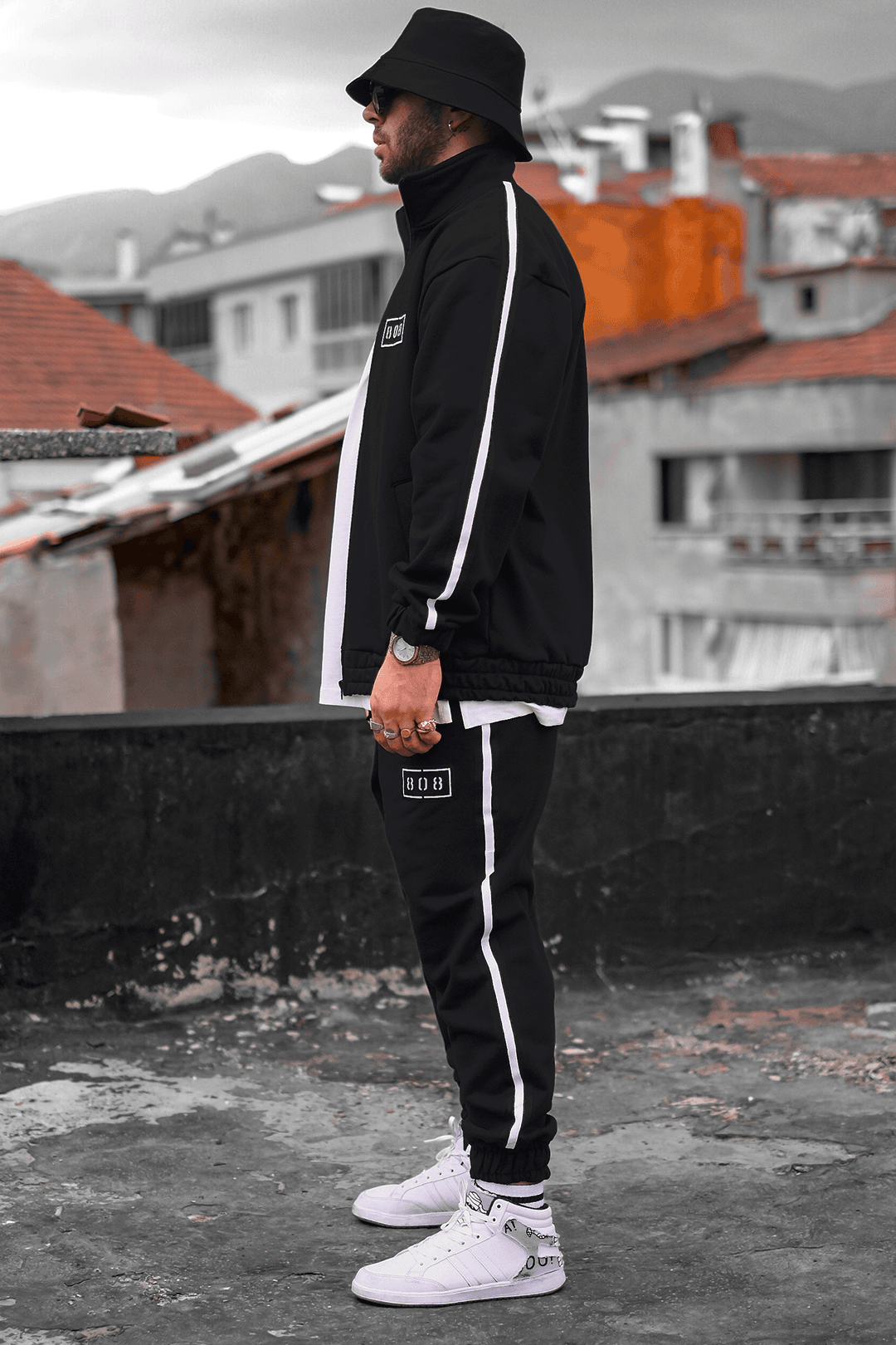 808 Dokuma Şerit Detay Oversize Takım ( Ceket & Jogger ) - Beyaz Şerit