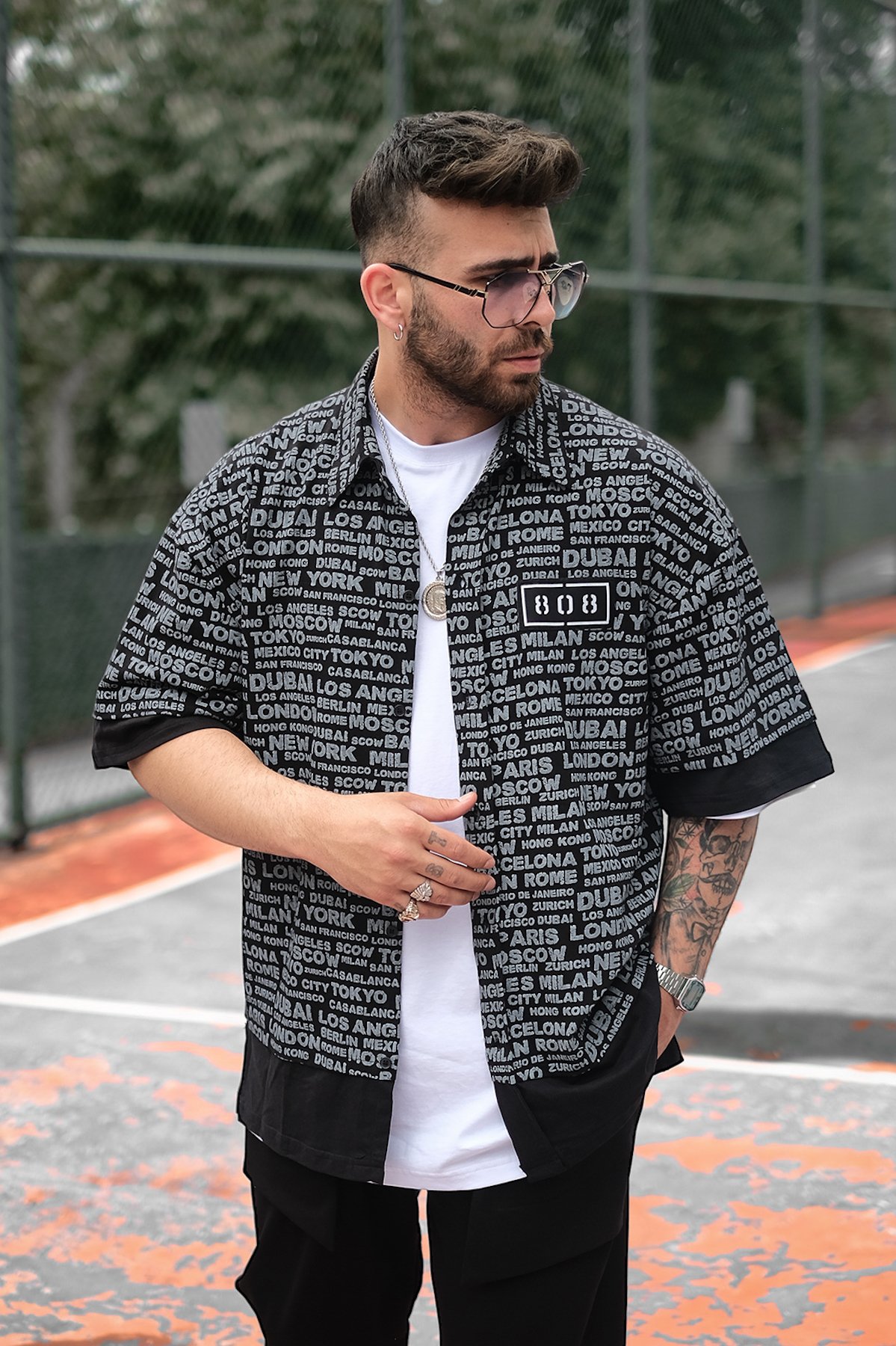 808 Yazı Baskılı Kontrast Oversize Gömlek