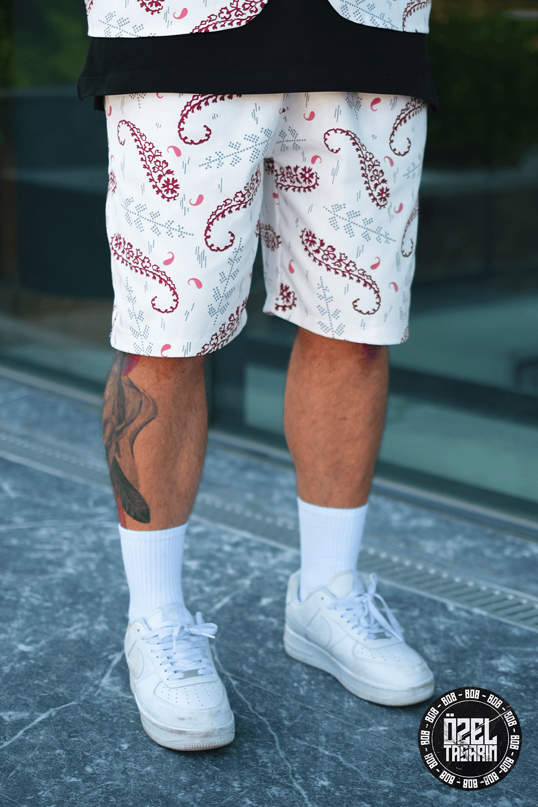 808 Kızıl Paisleyı Desen Oversize Takım ( Yelek + Şort )