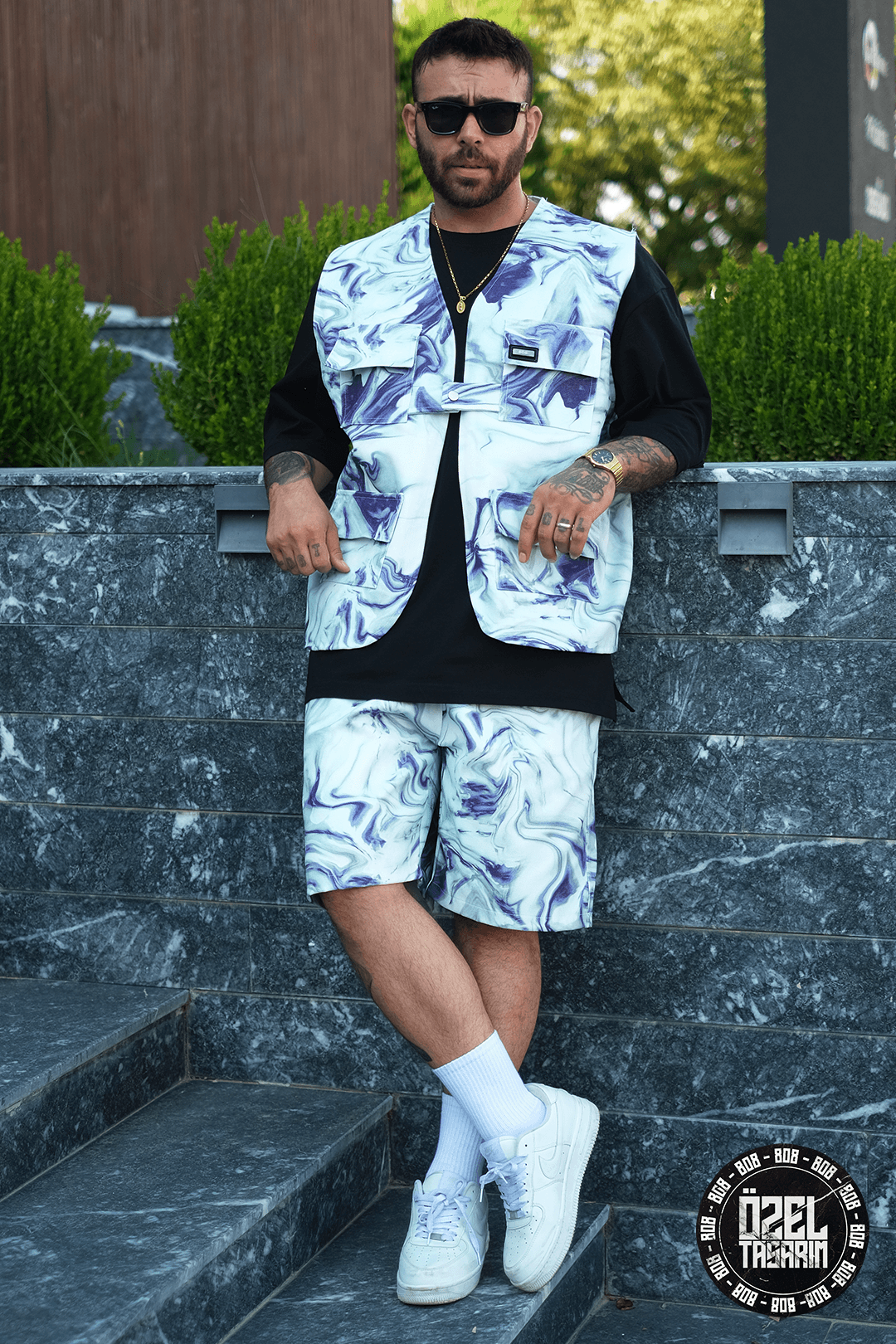 808 Mavi Ametist Desen Oversize Takım ( Yelek + Şort )