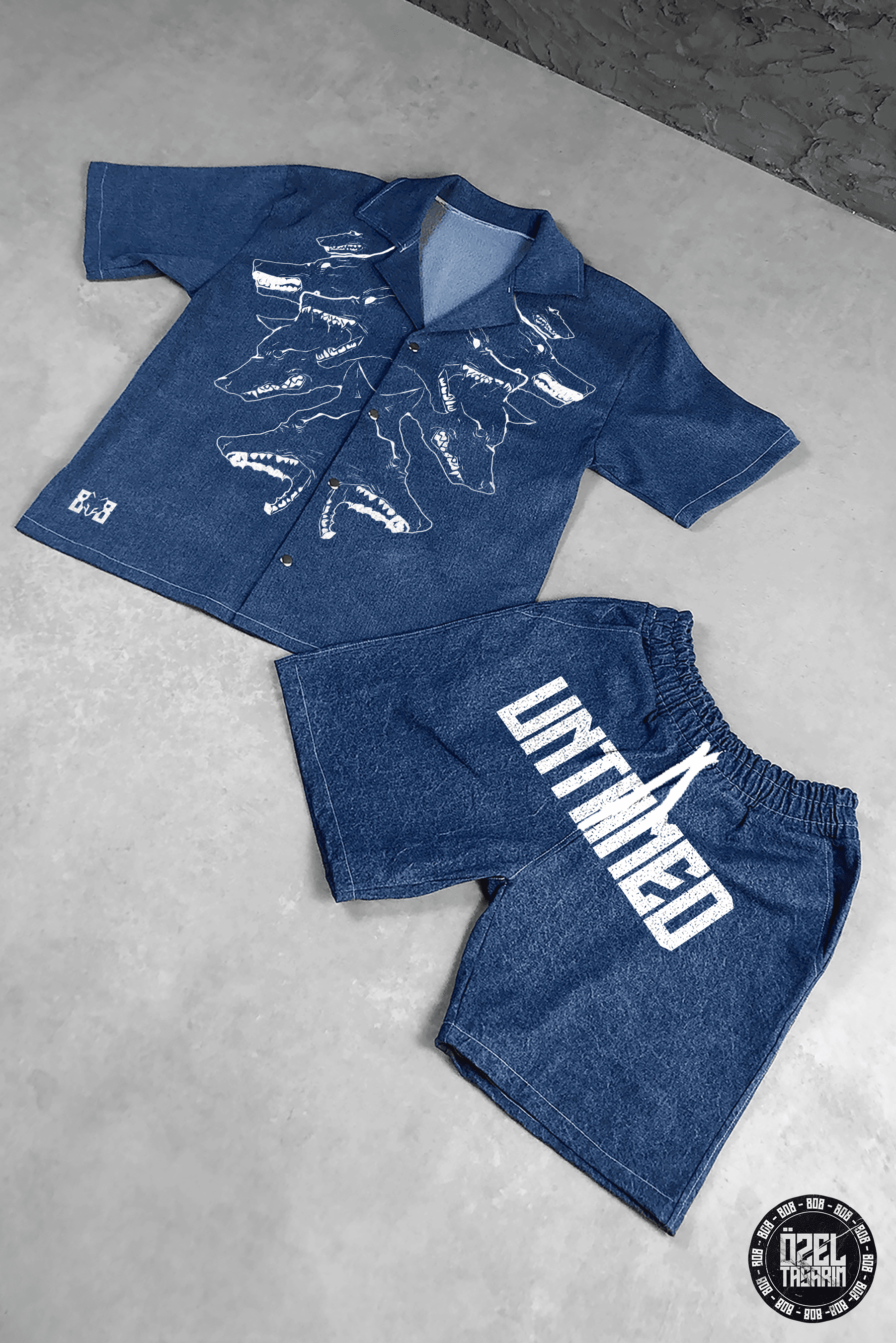808 UNTAMED WOLF Yıkamalı Oversize Kalın Kot Takım ( Gömlek+Şort )