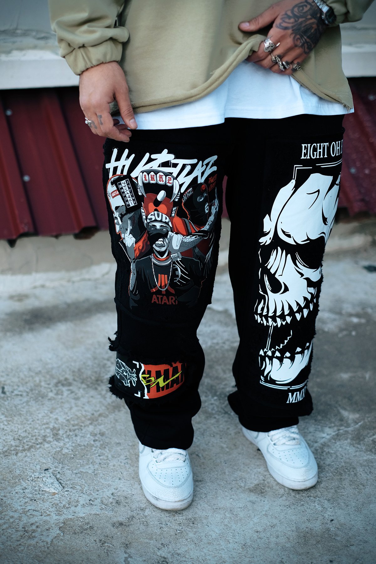 808 Skull Baskılı Kumaş Yamalı Özel Tasarım Baggy Jogger