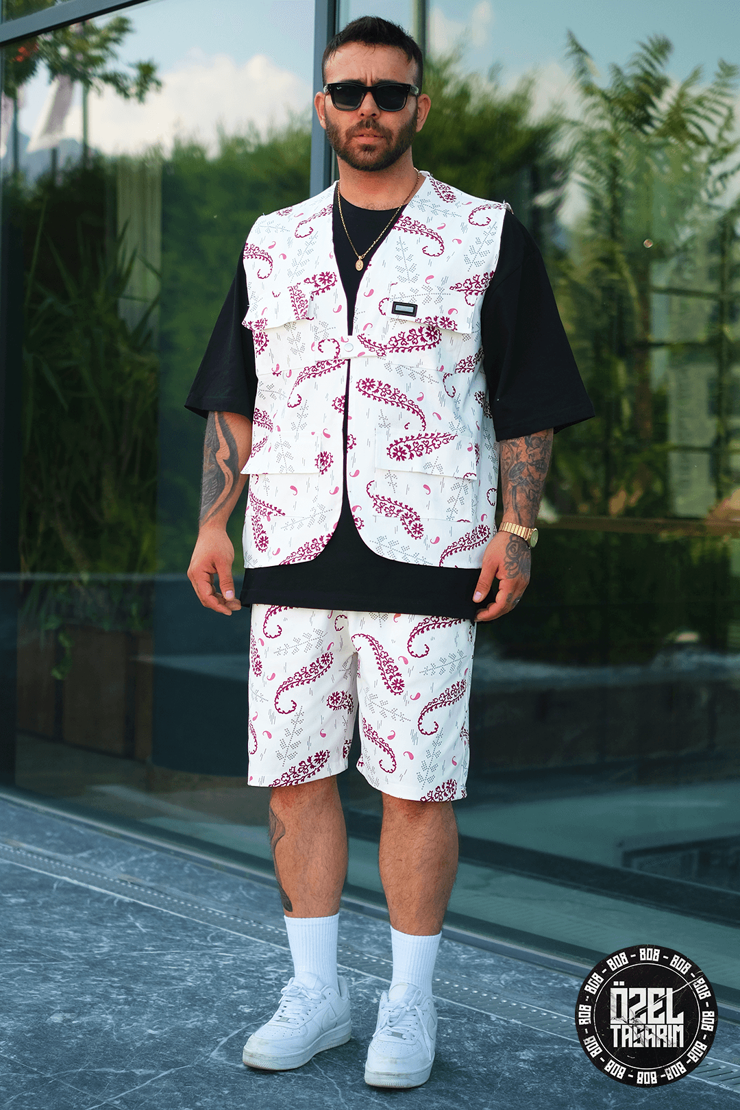 808 Kızıl Paisleyı Desen Oversize Takım ( Yelek + Şort )