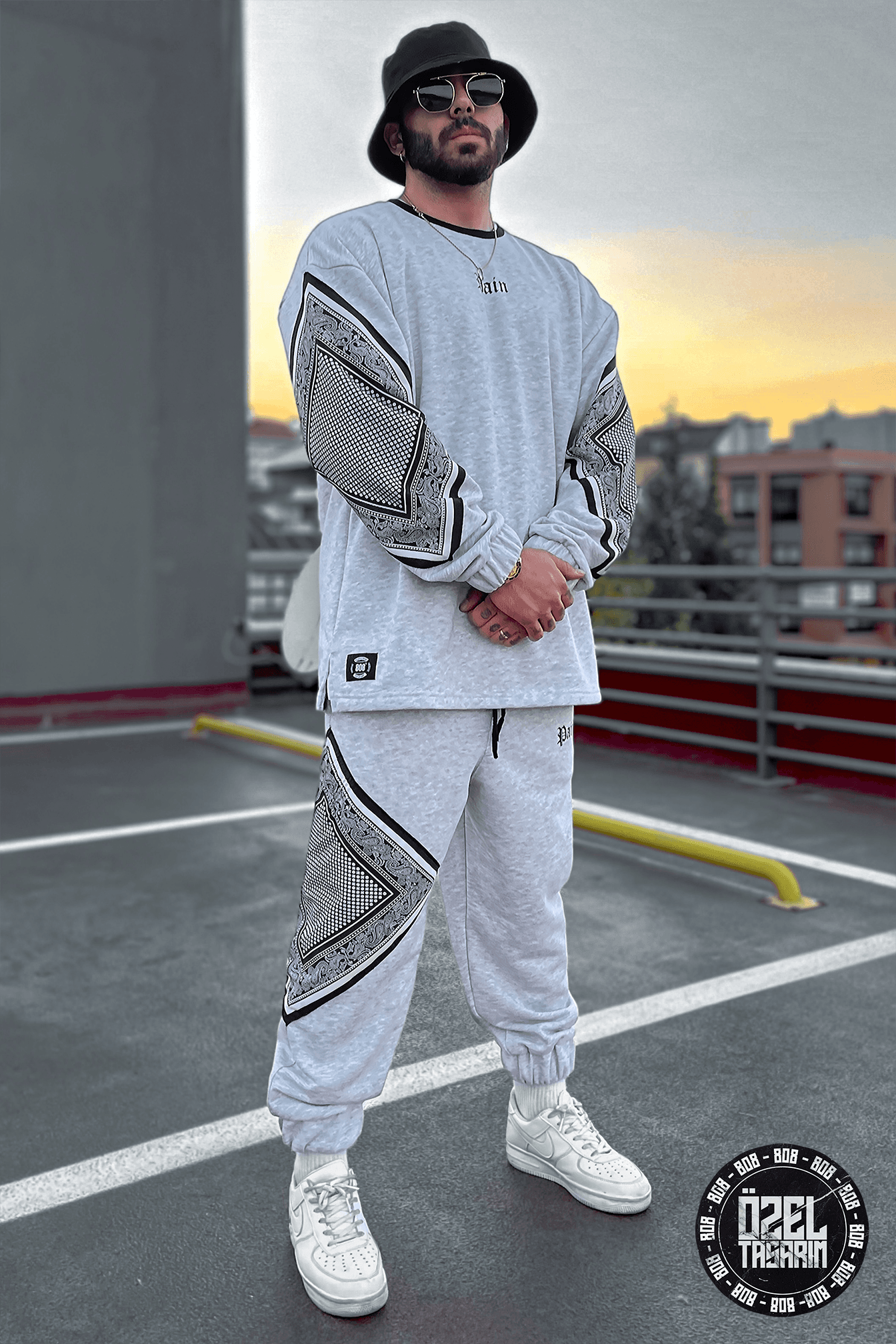 808 Pain Bandana Kontrast Oversize ( Sweatshirt + Jogger ) - Gri Melanj