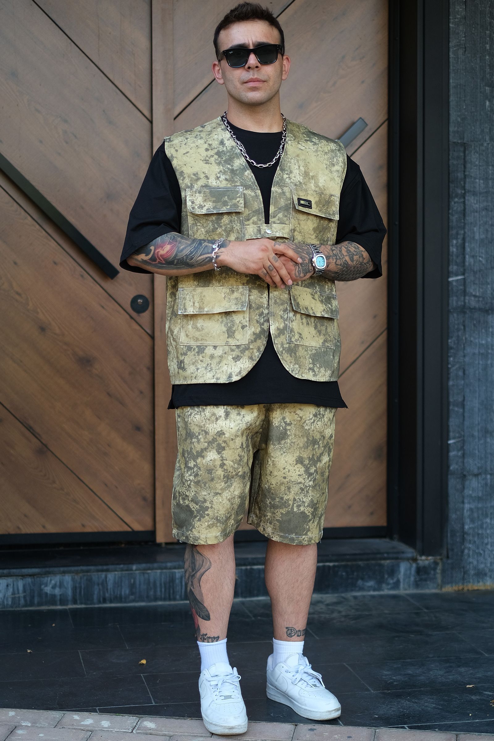 808 Leke Efektli Tek Düğme Oversize Kot Yelek