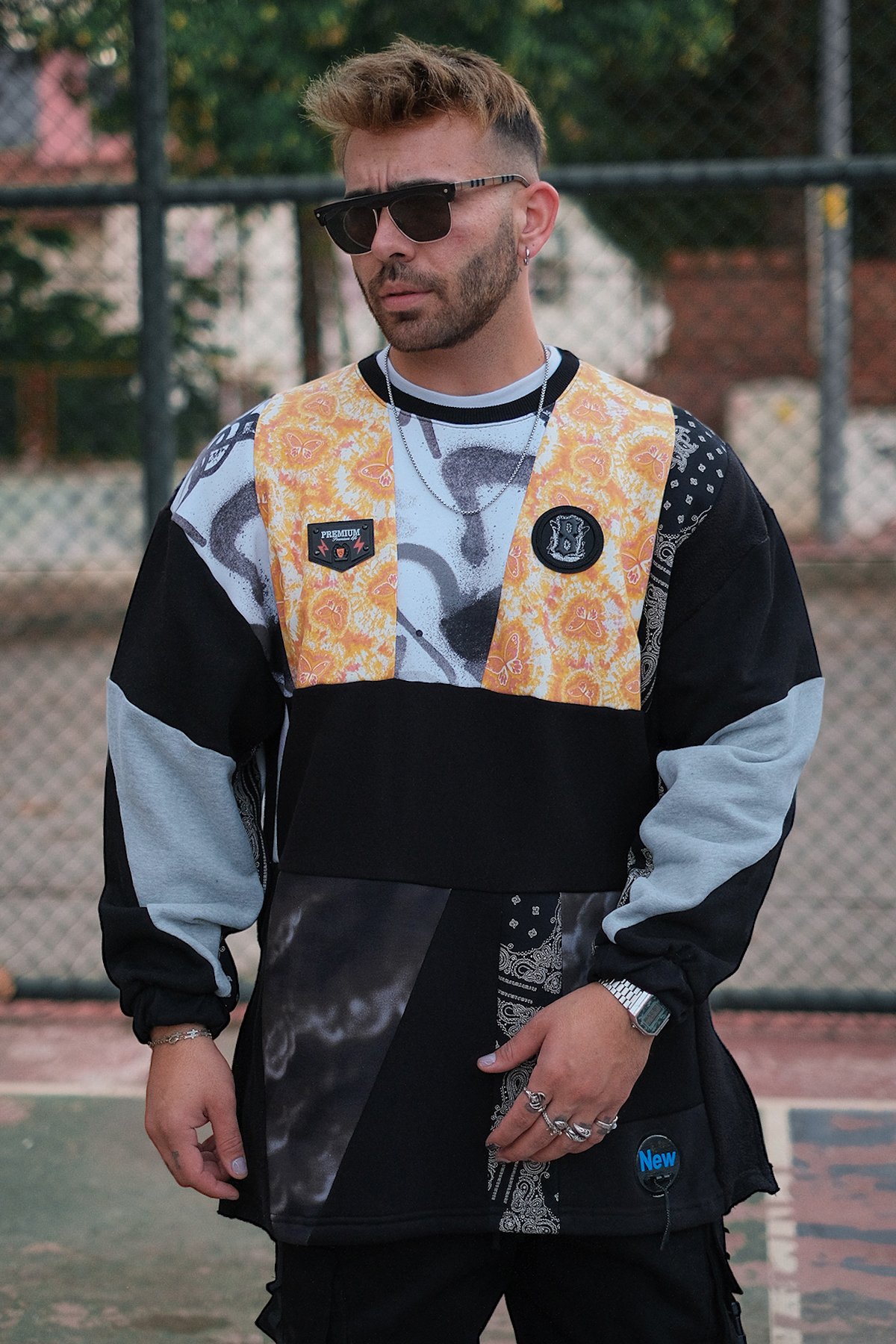 808 Patchwork Fermuar Yırtmaç Oversize Sweatshirt 3