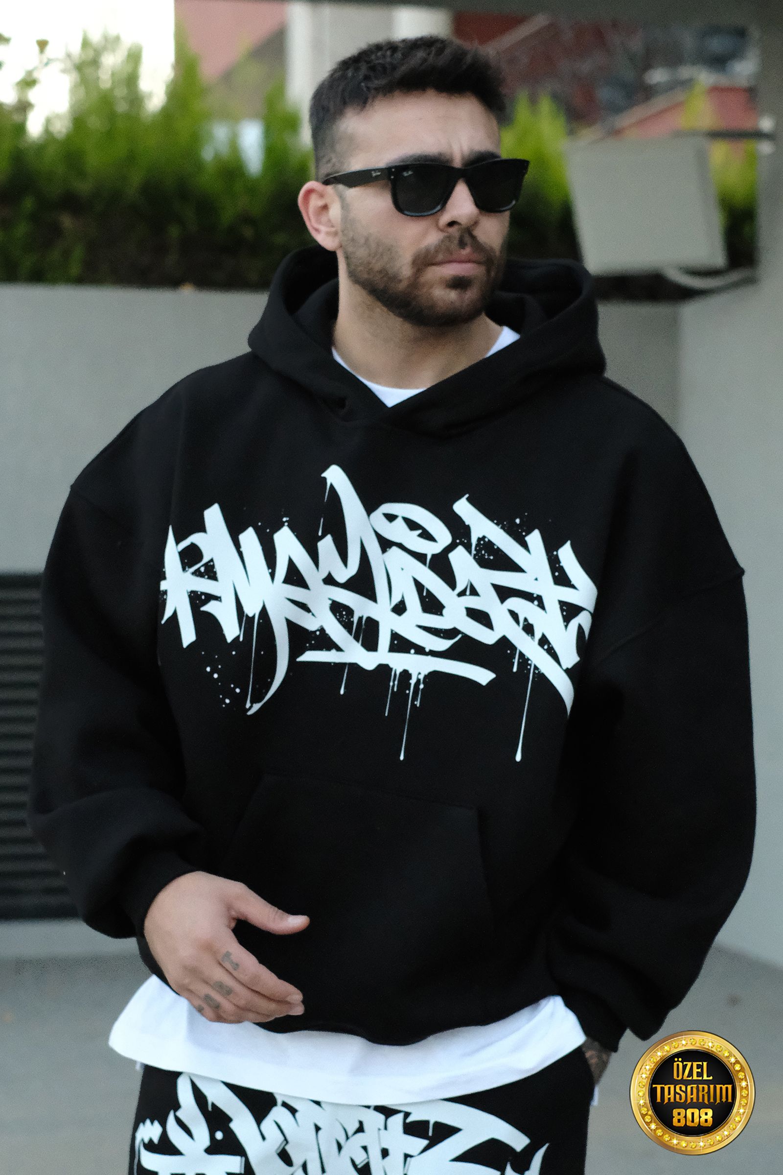 808 Tag Baskılı Özel Tasarım Oversize Hoodie - Siyah