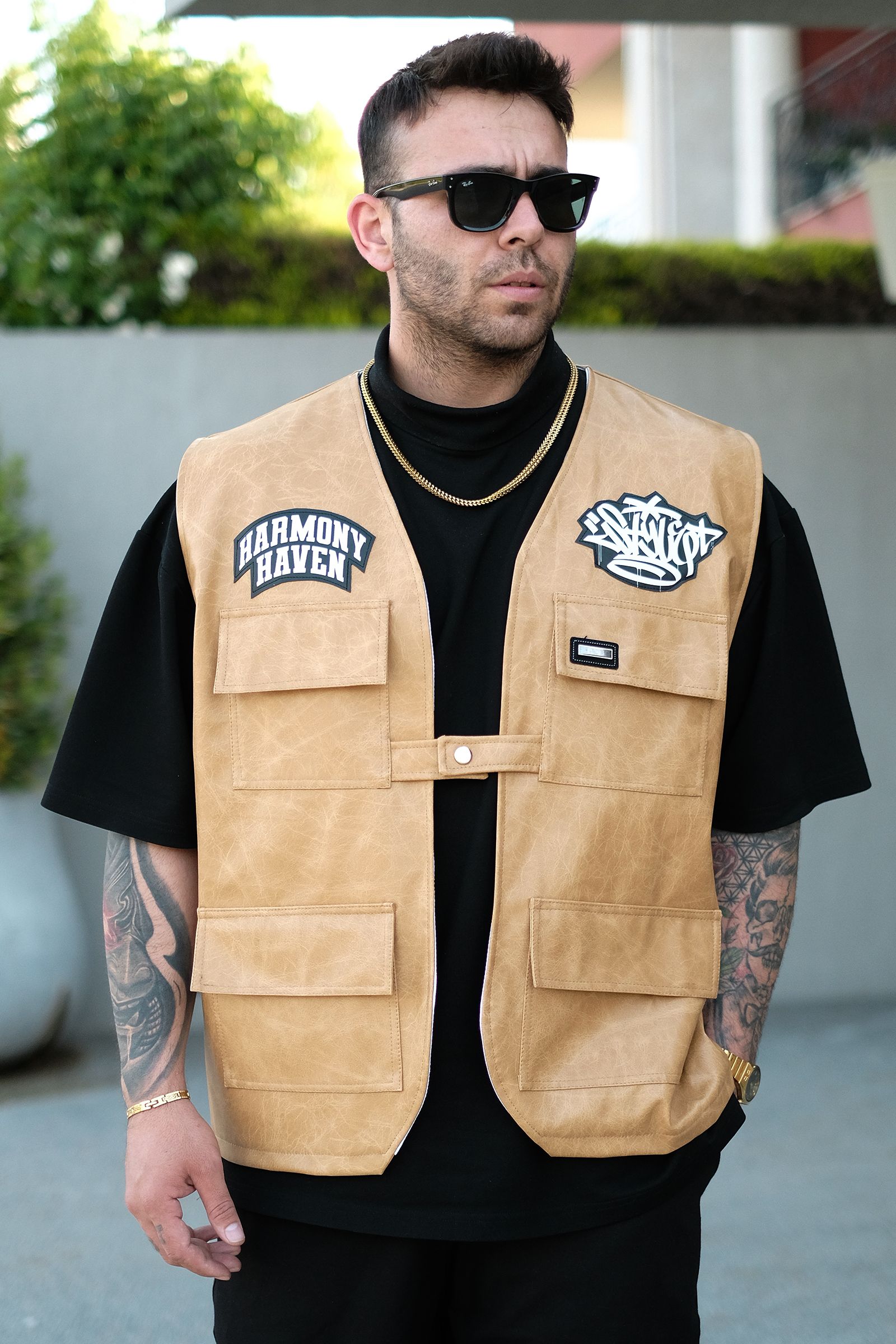 808 Oversize Tek Düğme '' Harmony '' Deri Patch Yelek