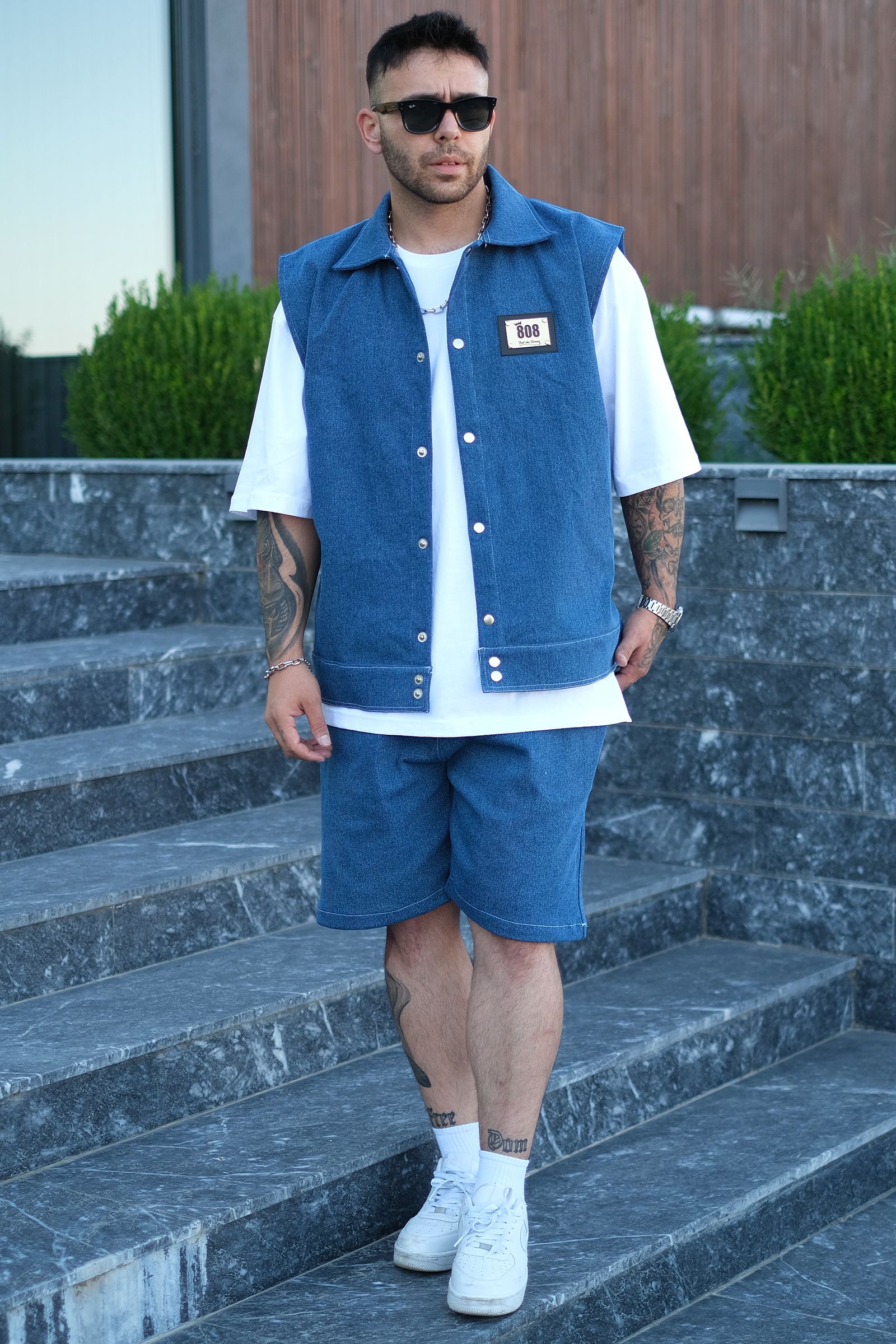 808 Oversize Basic Tok Kot Takım (Yelek + Şort) - Açık Mavi