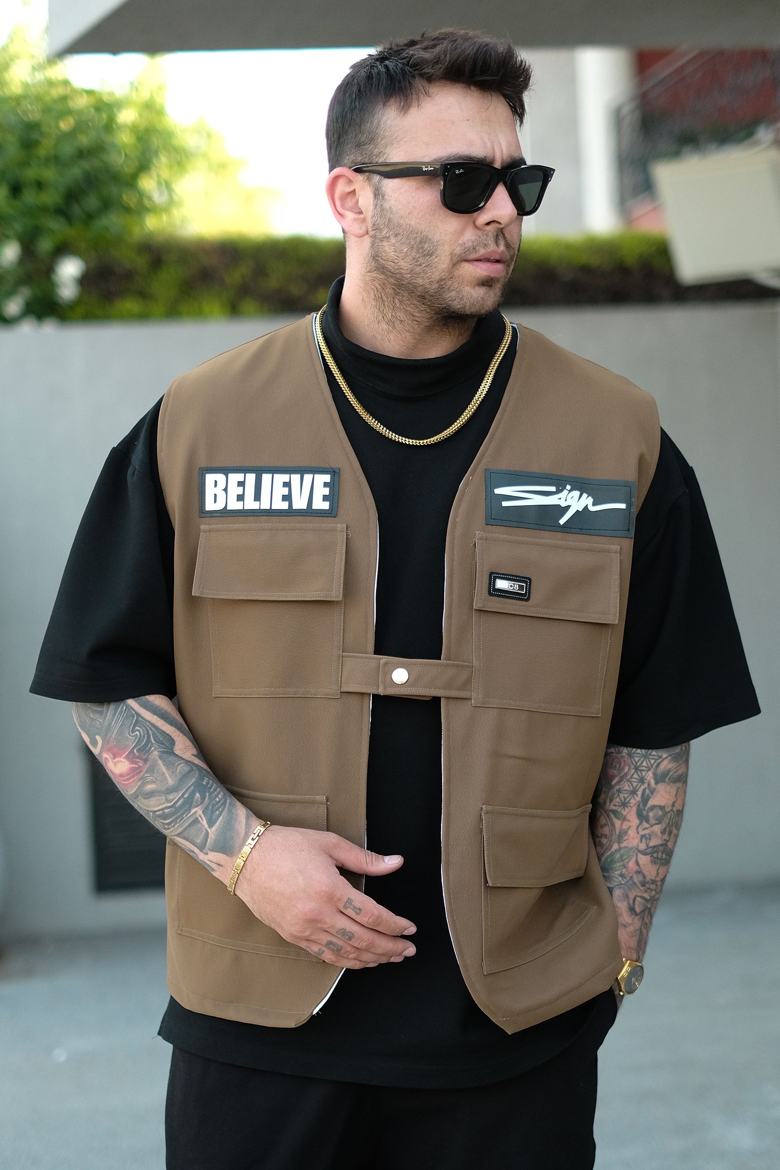 808 Oversize Tek Düğme ''Believe Yelek - Taba