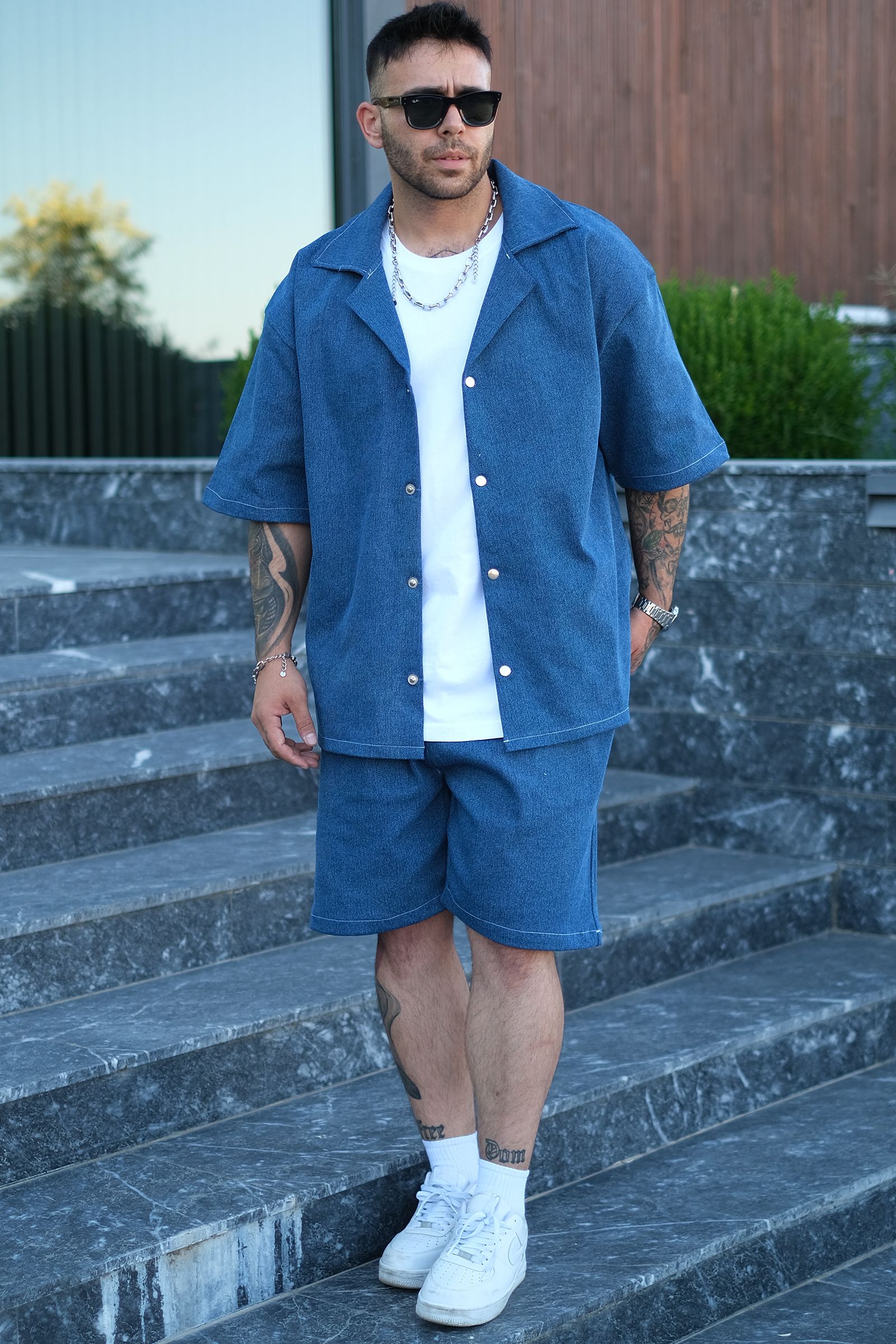 04. 808 Oversize Basic Tok Kot Takım (Gömlek + Şort) - Açık Mavi