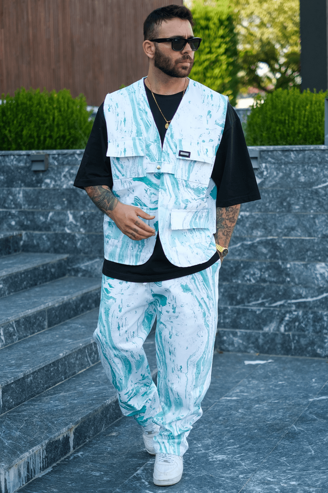 808 Batik Desen Oversize Tek Düğme Kot Yelek