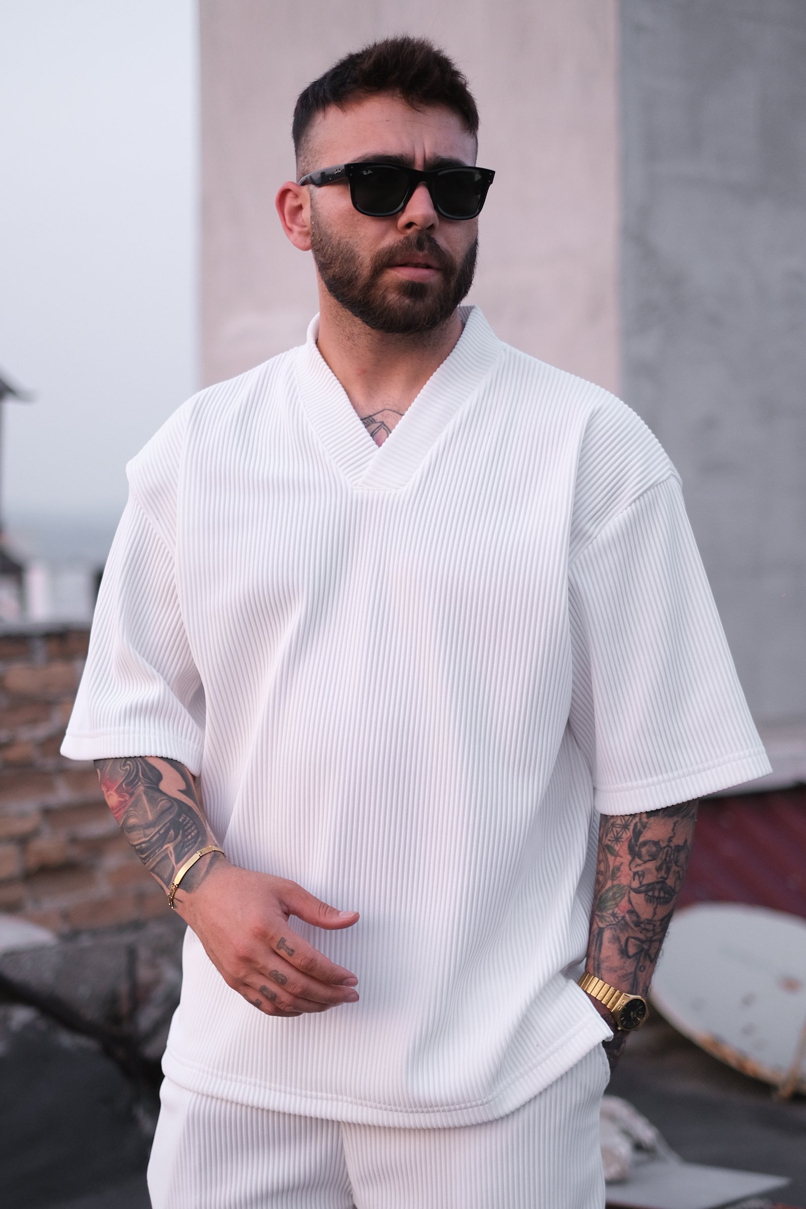 808 Fitil Dokulu Oversize V Yakalı Tişört
