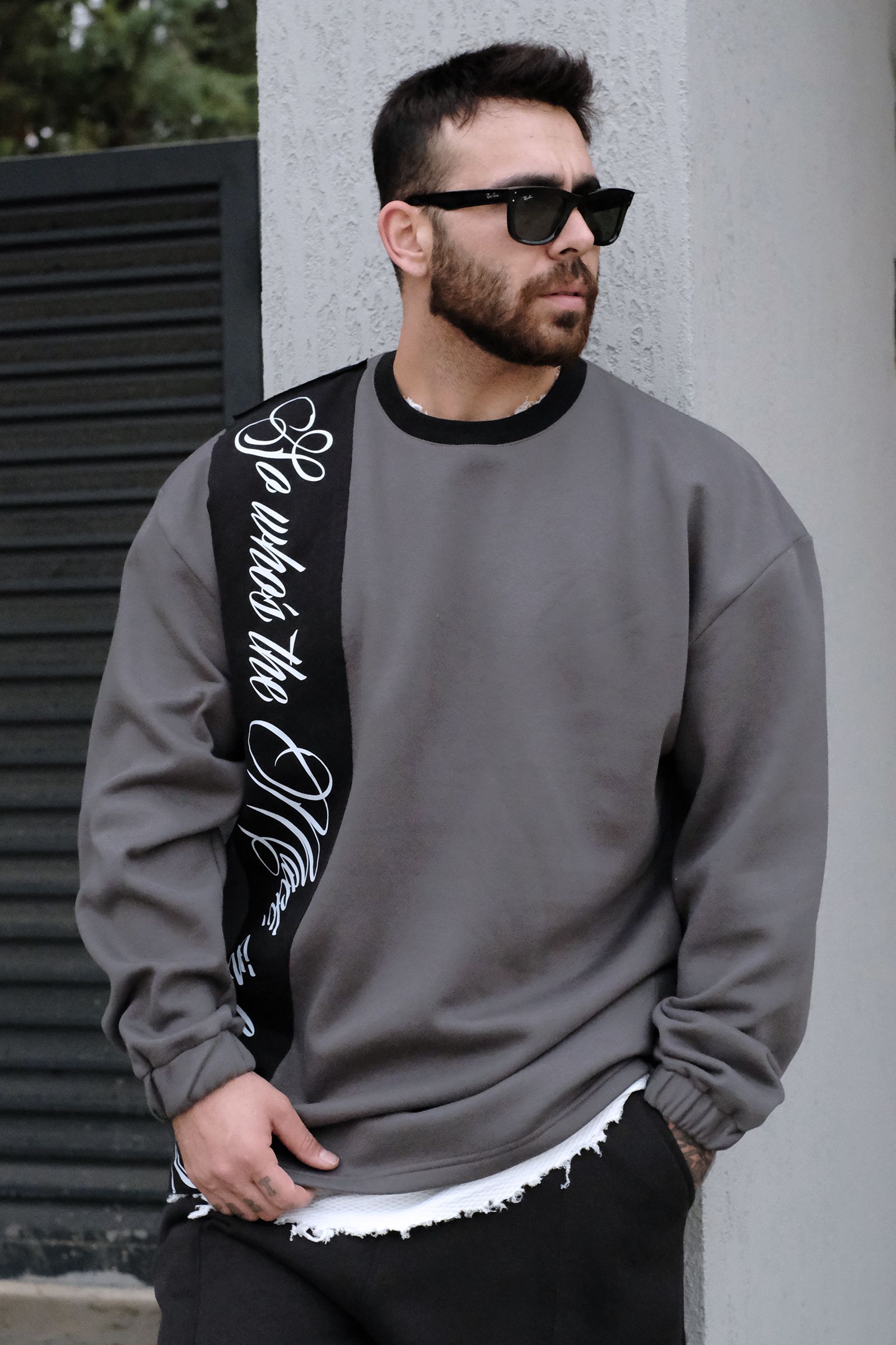 808 Şerit Detay Baskılı Oversize Sweatshirt - Gri