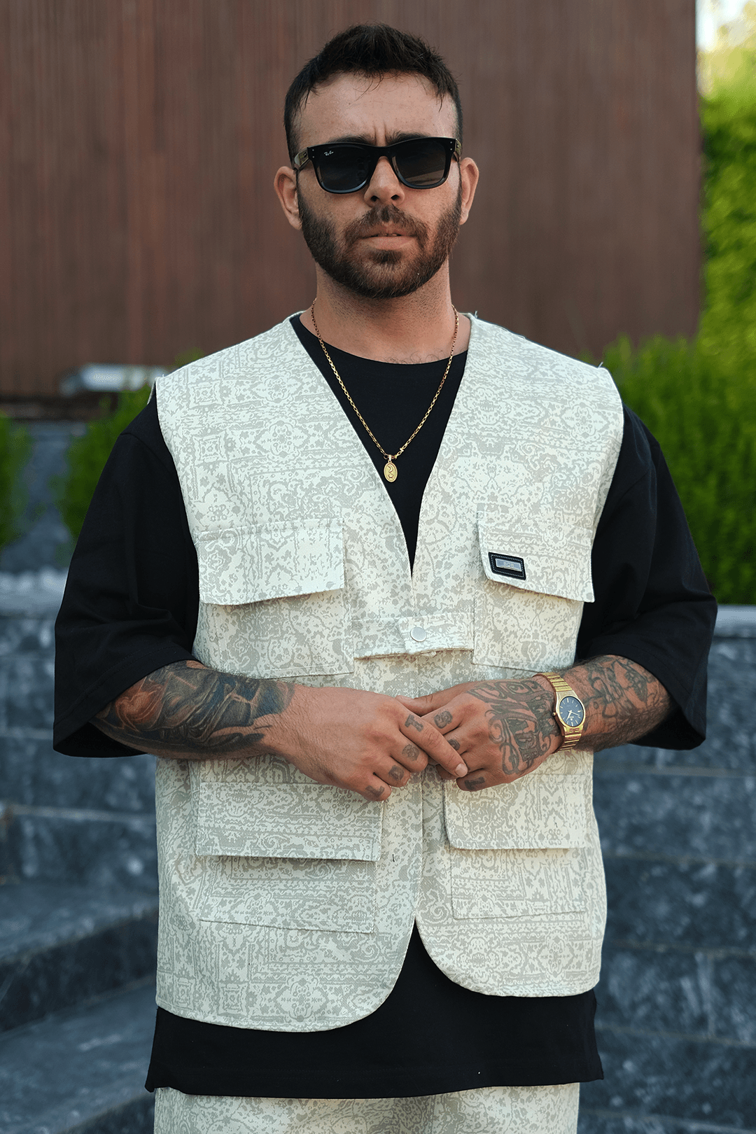 808 Fildişi Mozaik Desen Tek Düğme Oversize Yelek
