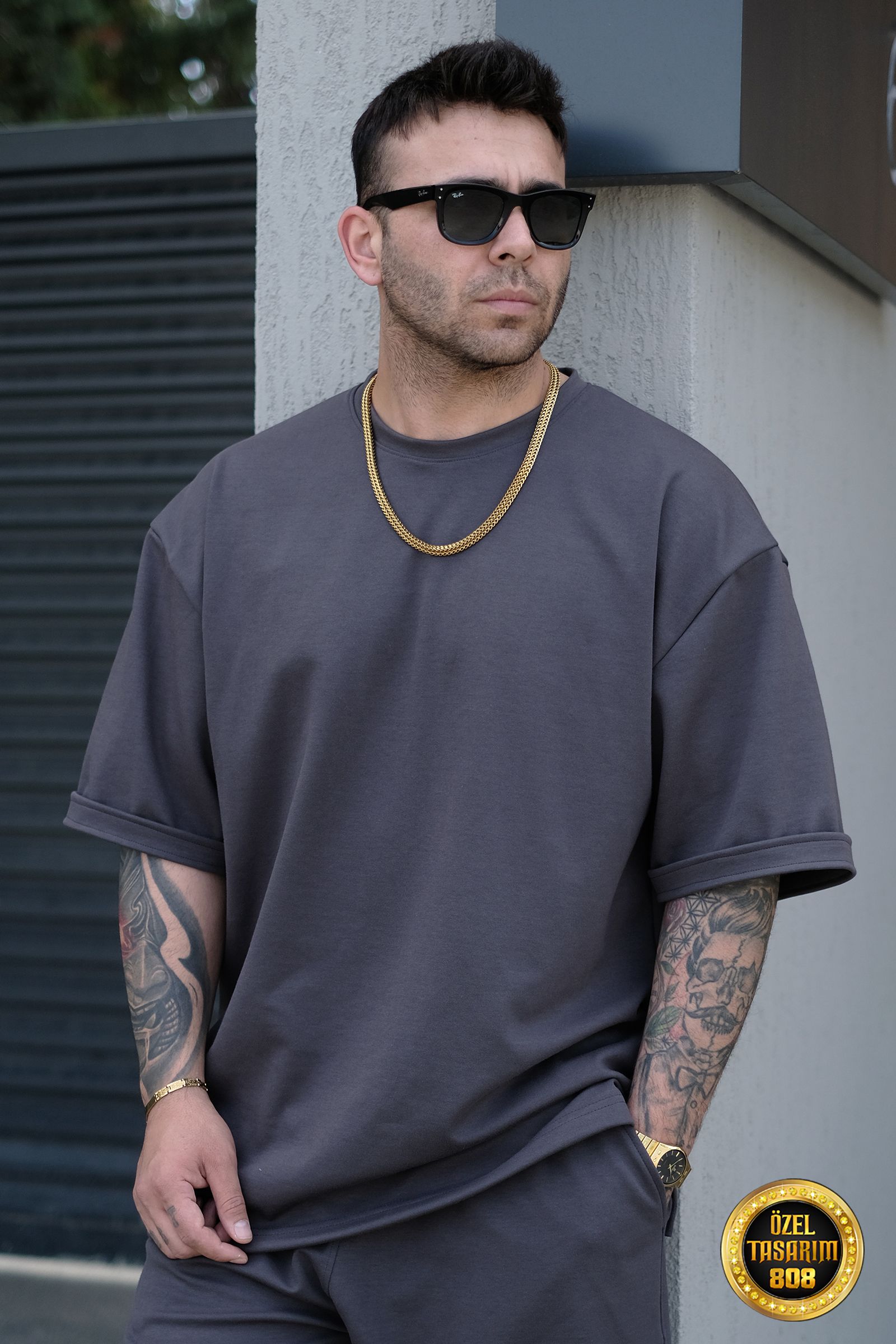 808 Basic Oversize Tok Tişört - Koyu Gri