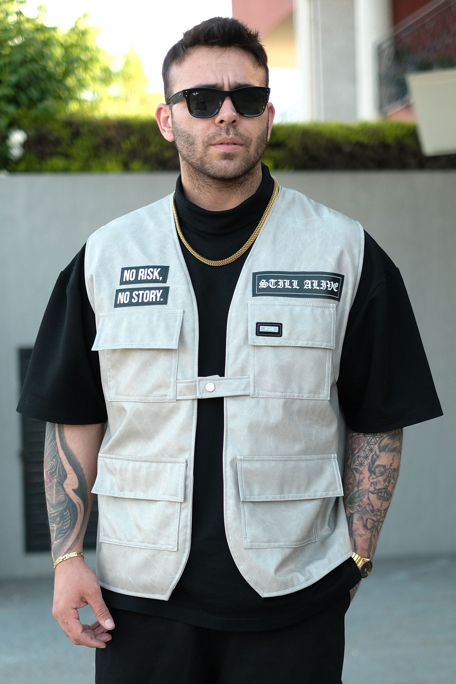 808 Oversize Tek Düğme ''Still Alive '' Deri Patch Yelek