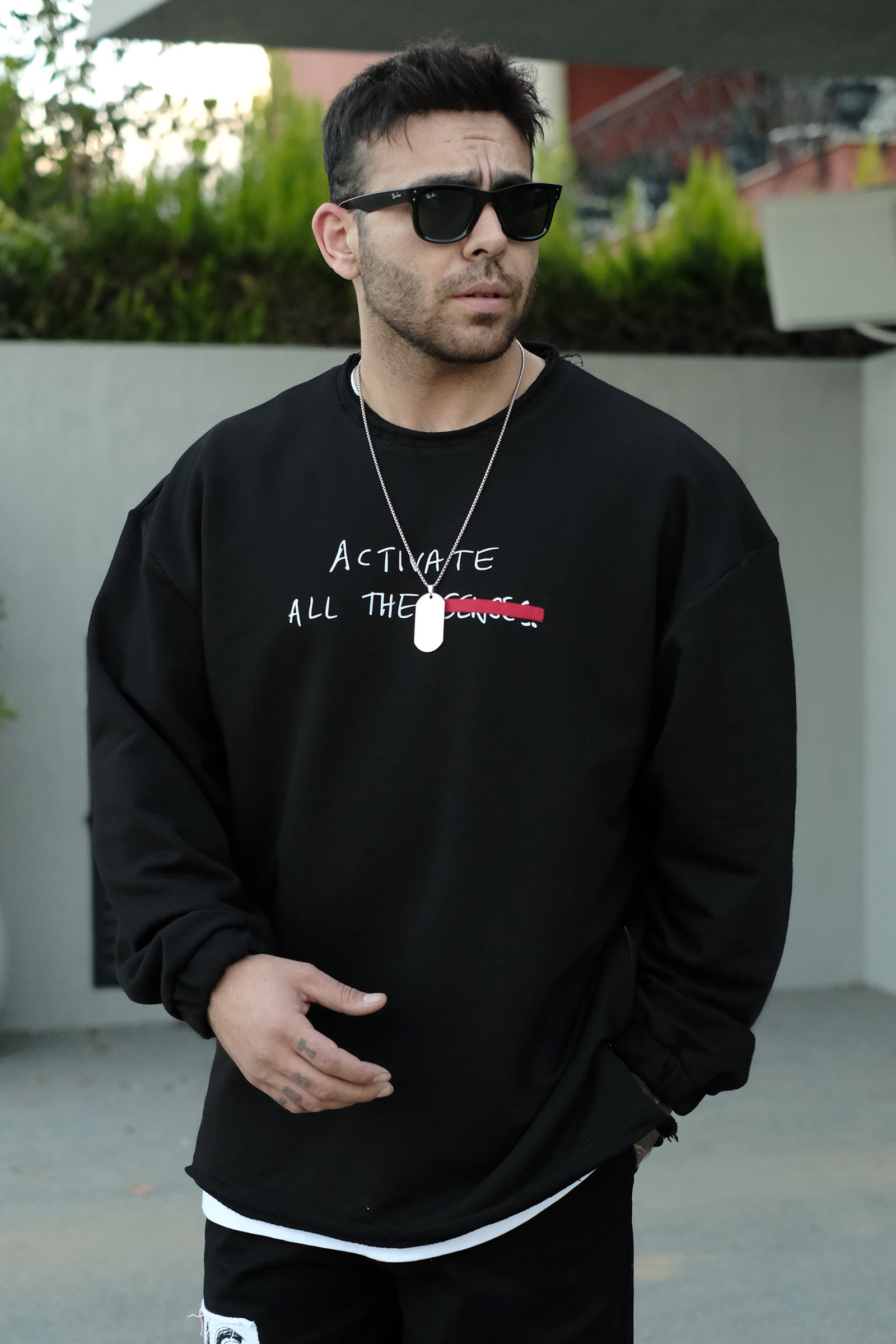 808 Yazı Baskılı Biye Detay Fermuar Yırtmaç Oversize Sweatshirt