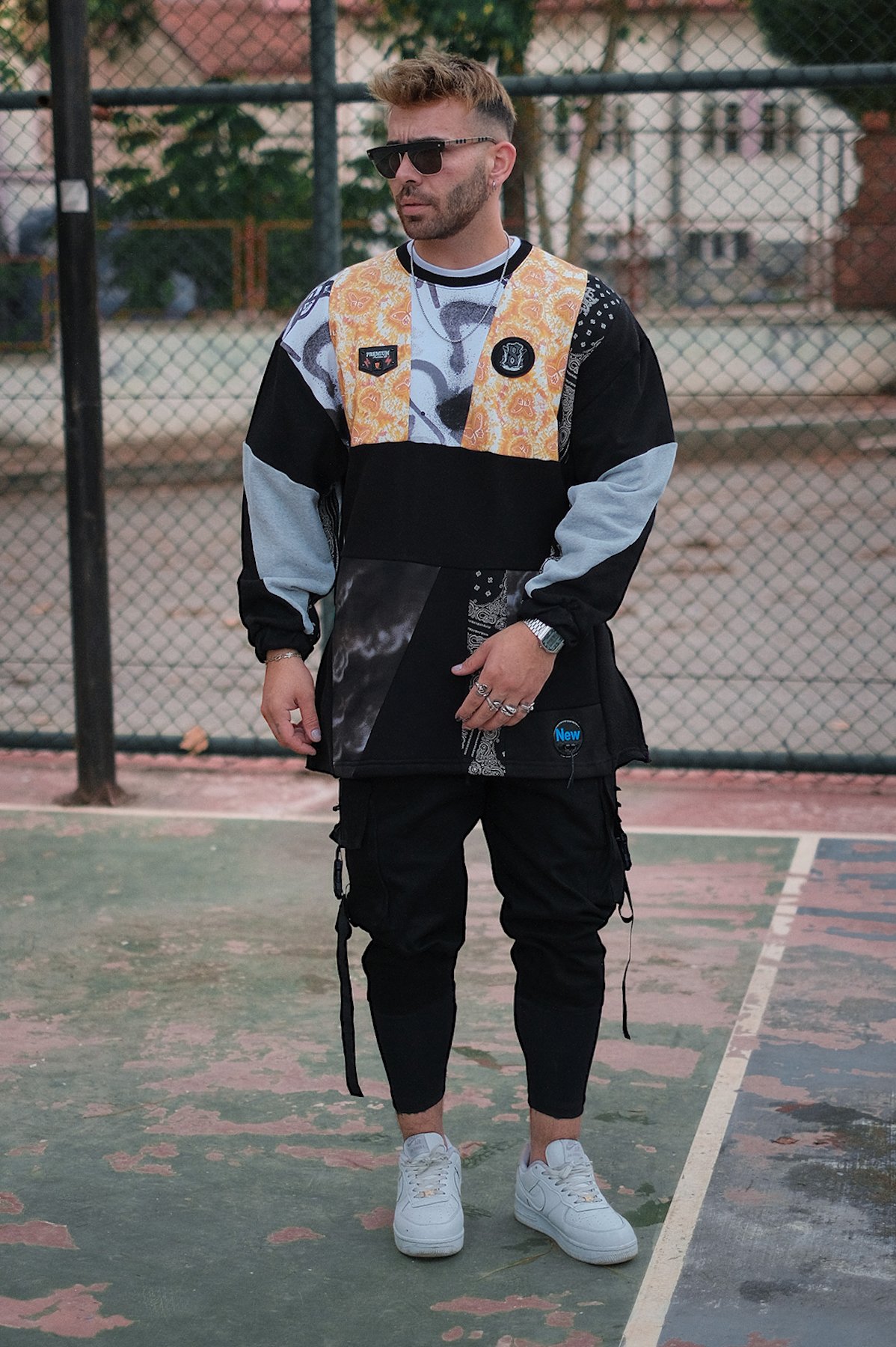 808 Patchwork Fermuar Yırtmaç Oversize Sweatshirt 3