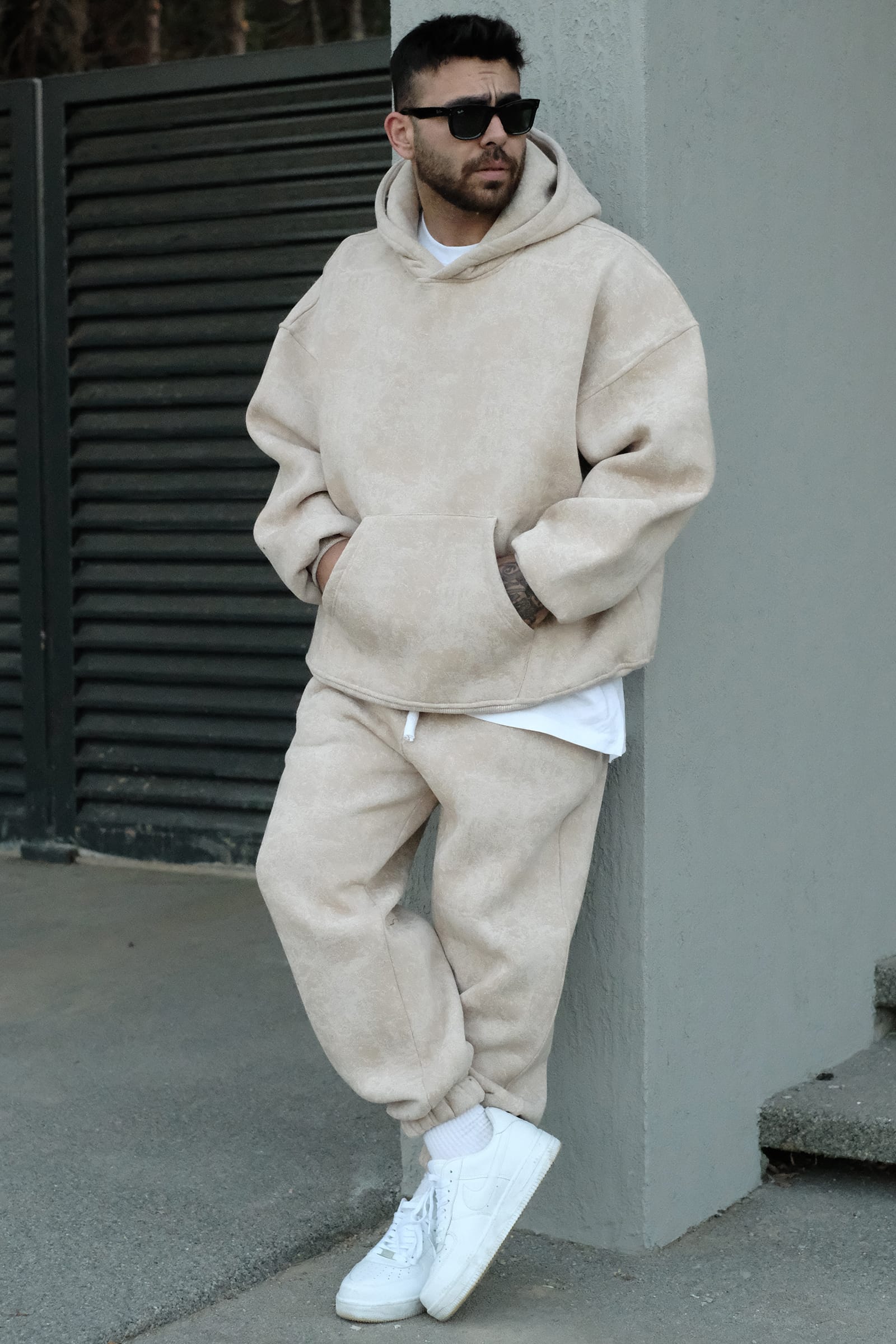 808 Eskitme Efekt Oversize Puff Takım - Sütlü Kahve