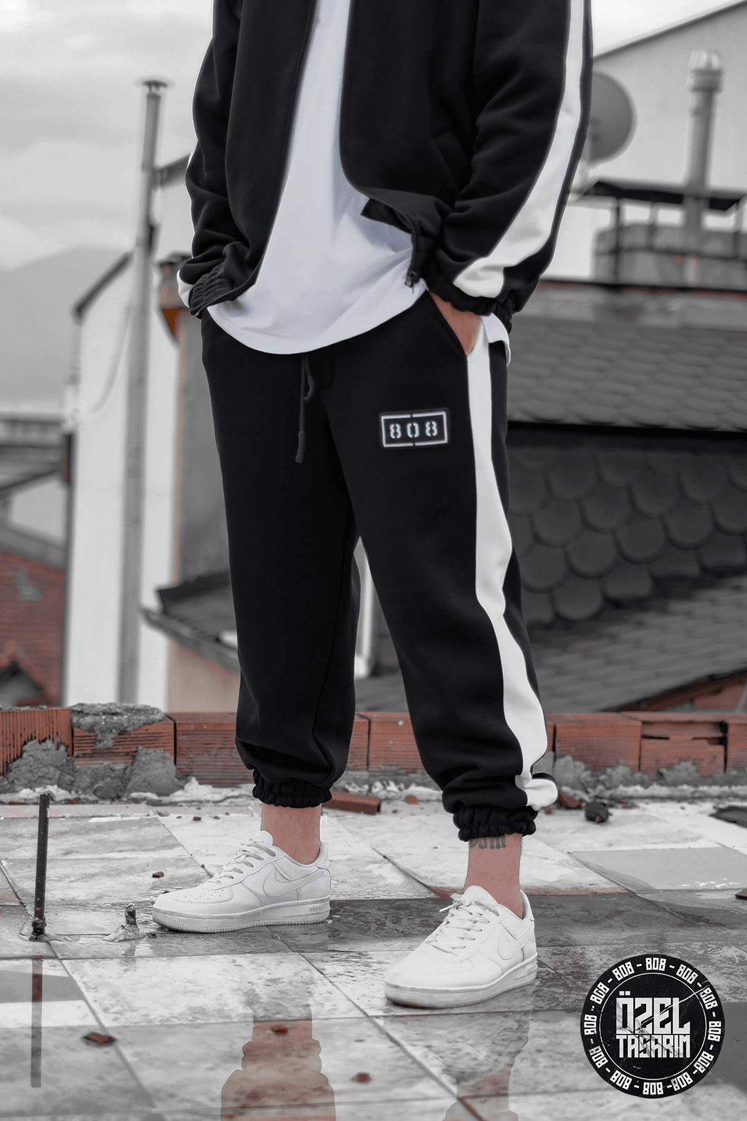 808 Şerit Kontrast Oversize Jogger - Siyah
