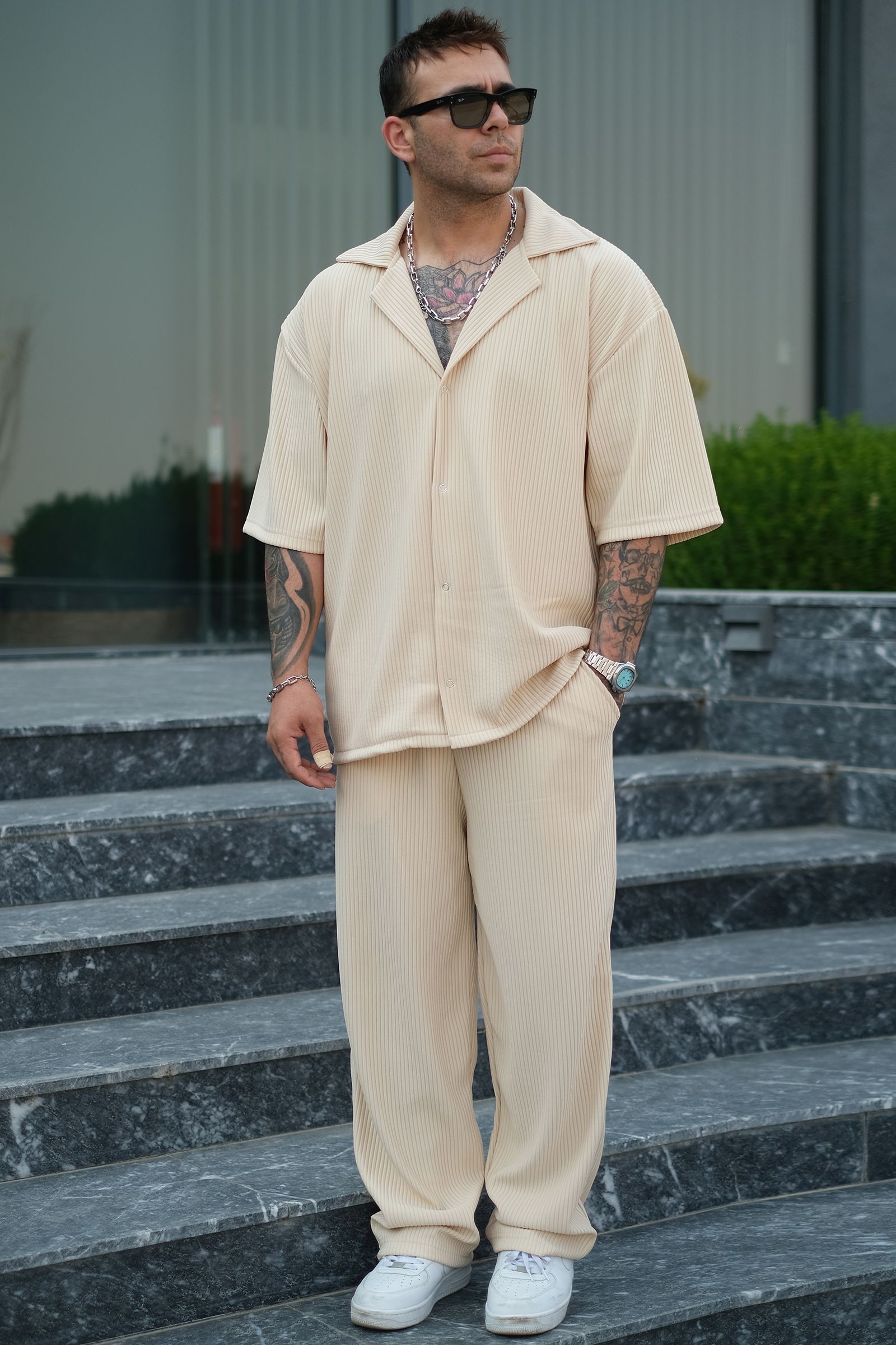 808 Fitil Dokulu Oversize V Yaka Takım (Gömlek - Jogger) - Kavun İçi