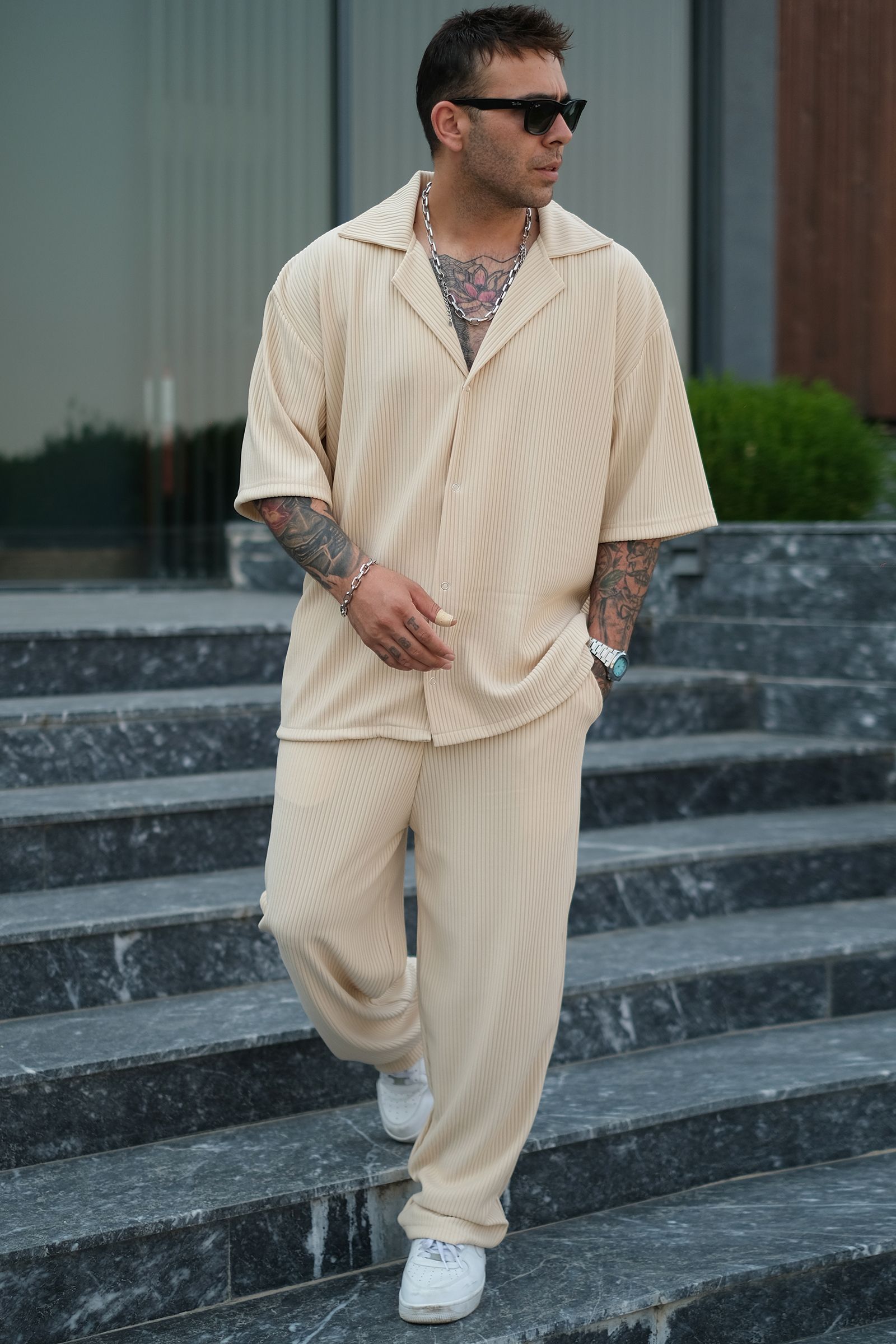 808 Fitil Dokulu Oversize V Yaka Takım (Gömlek - Jogger) - Kavun İçi