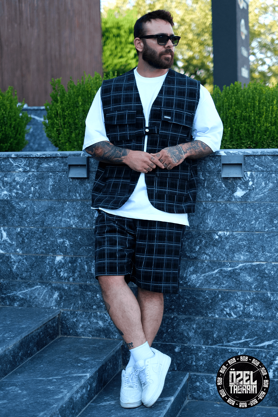 808 Metal Grid Desen Tek Düğme Oversize Takım (Yelek + Şort)
