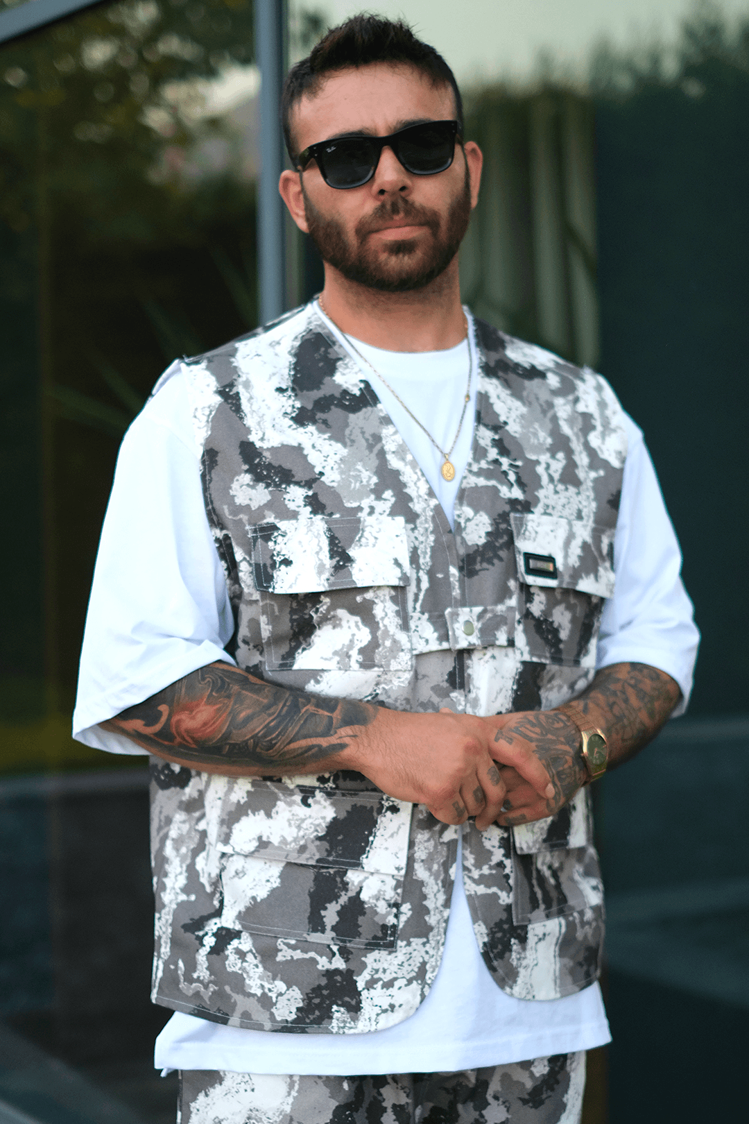 808 Monokrom Kamuflaj Desen Oversize Takım ( Yelek + Şort )