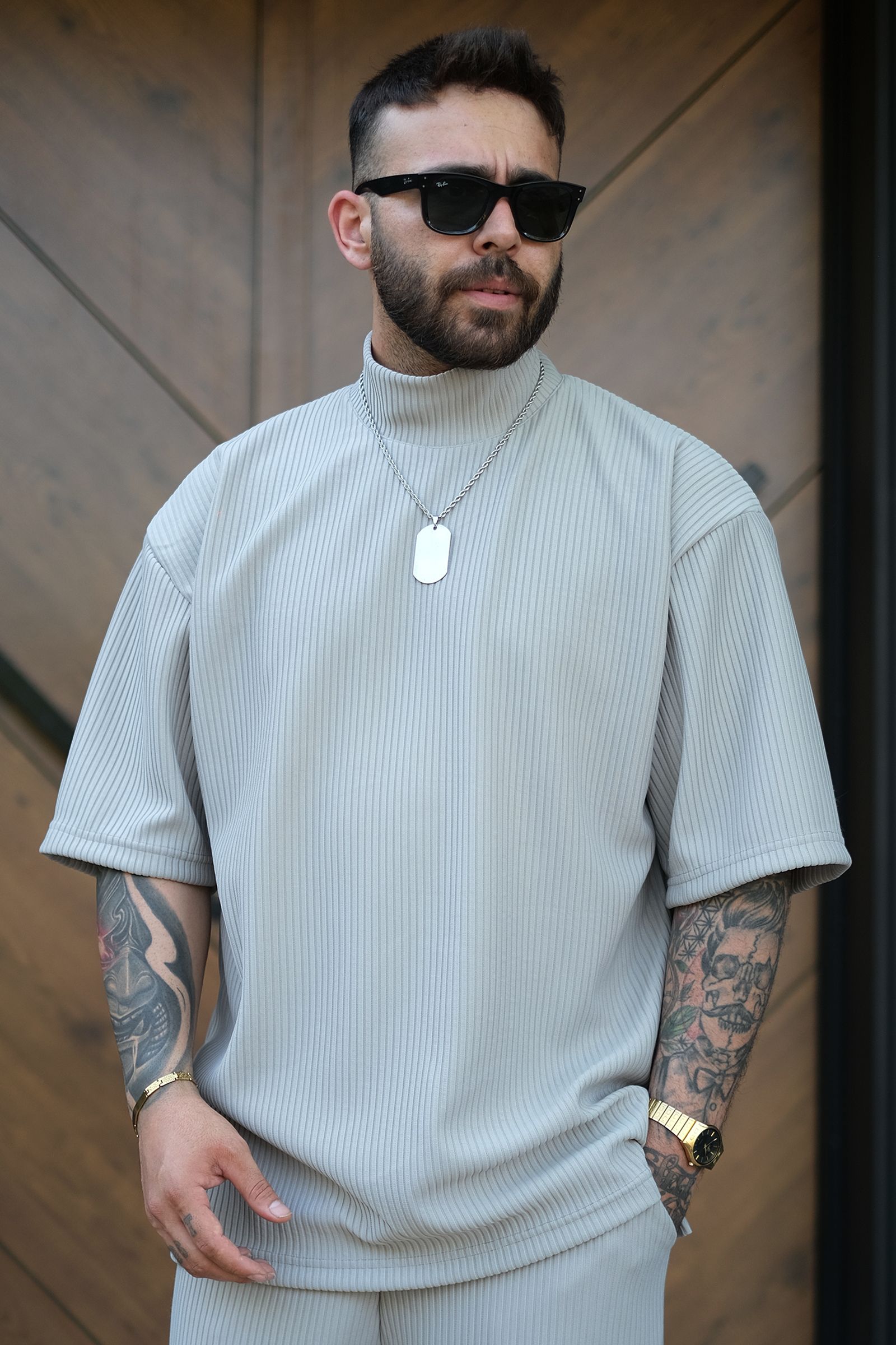 808 Fitil Dokulu Oversize Balıkçı Yaka Tişört - Gri