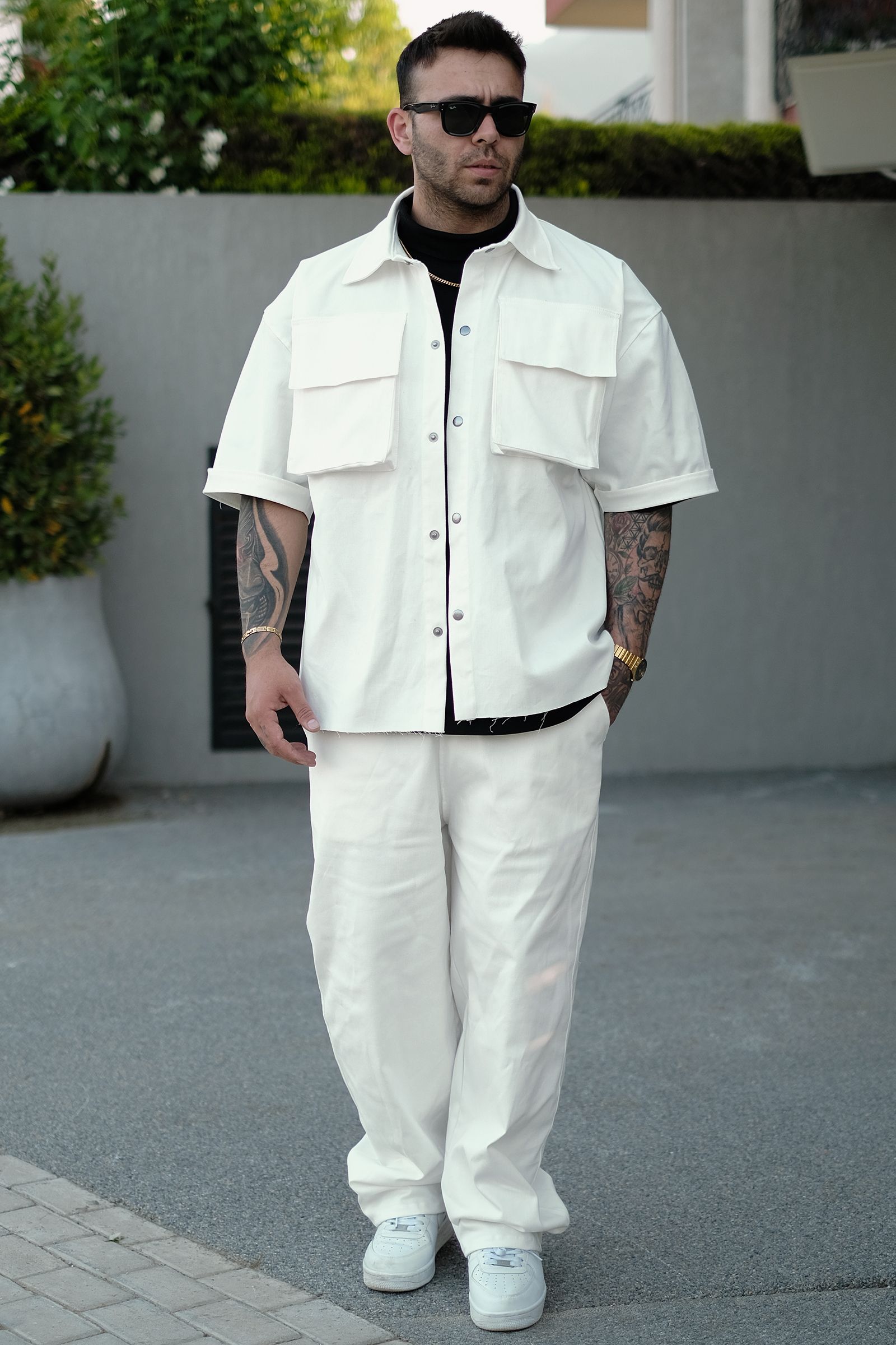 808 Oversize Körük Cep Takım (Gömlek + Pantolon) - Ekru