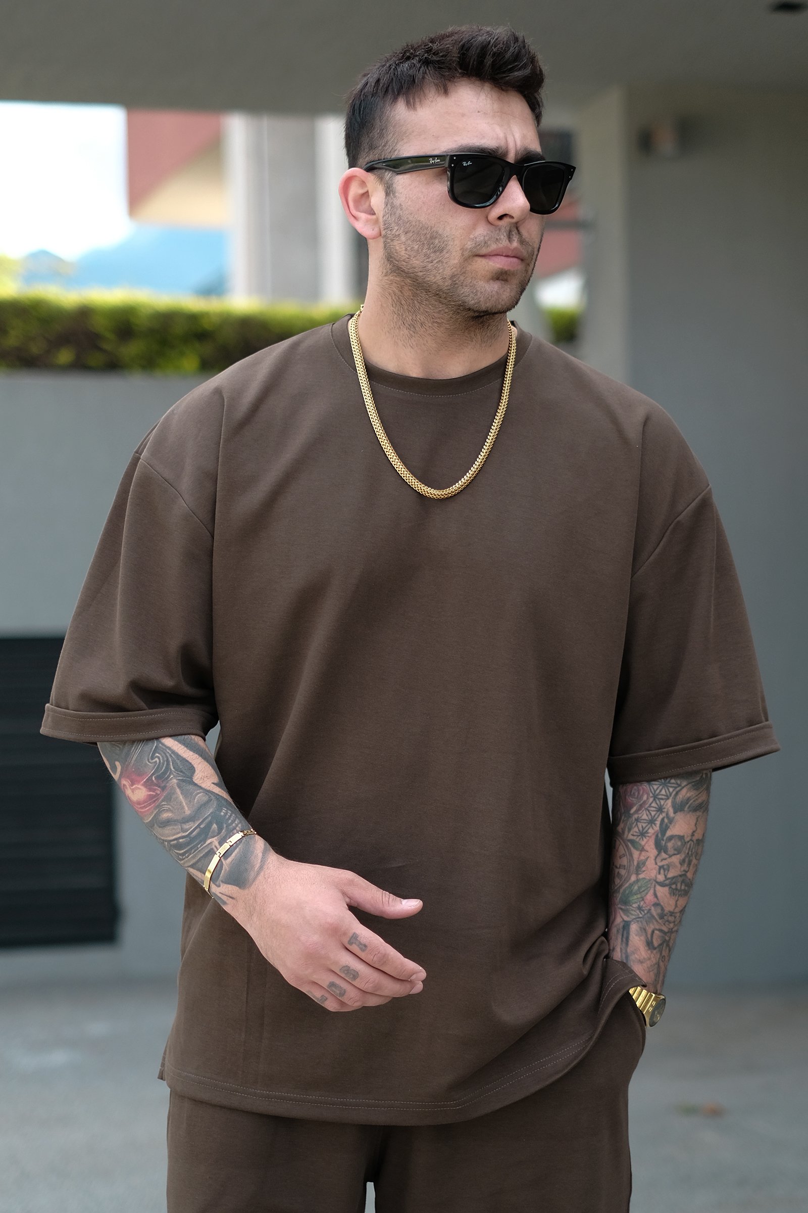 808 Basic Oversize Tok Tişört - Kahverengi